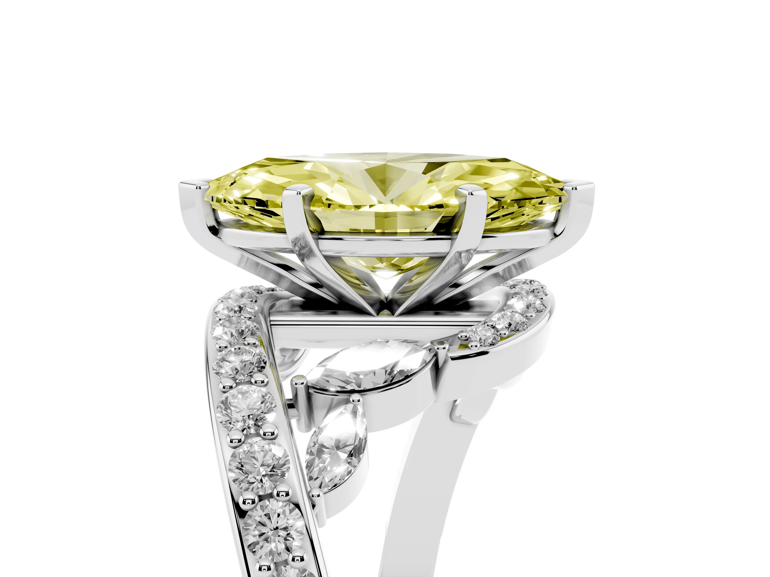 Fancy Yellow Marquise Cut Diamond Solitaire Ring Set in Platinum with Pavé Twist Band and Secure Prong Setting