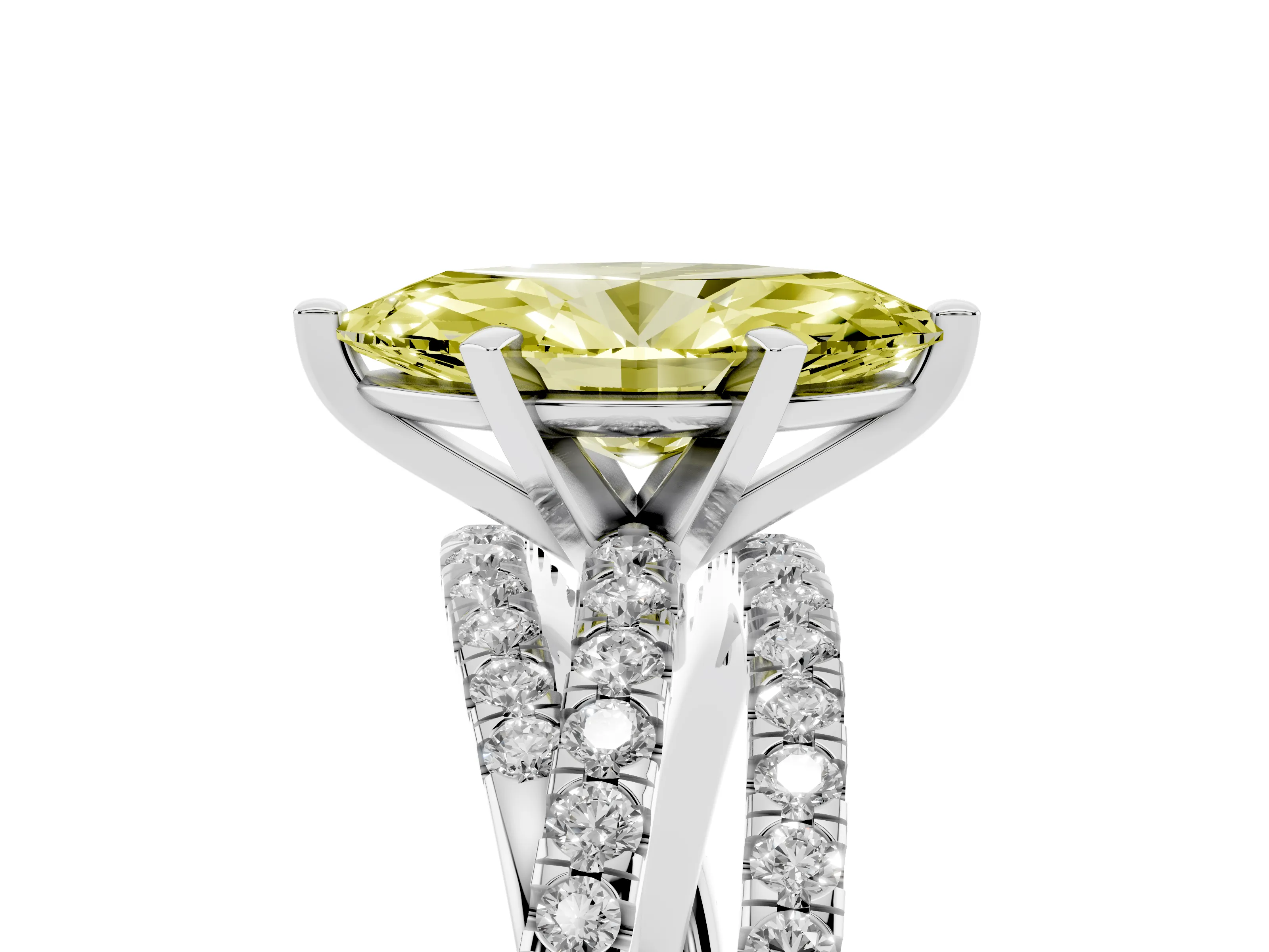 Fancy Yellow Marquise Cut Diamond Solitaire Twist Band Ring Set in White gold with Pavé Setting and Prong Head