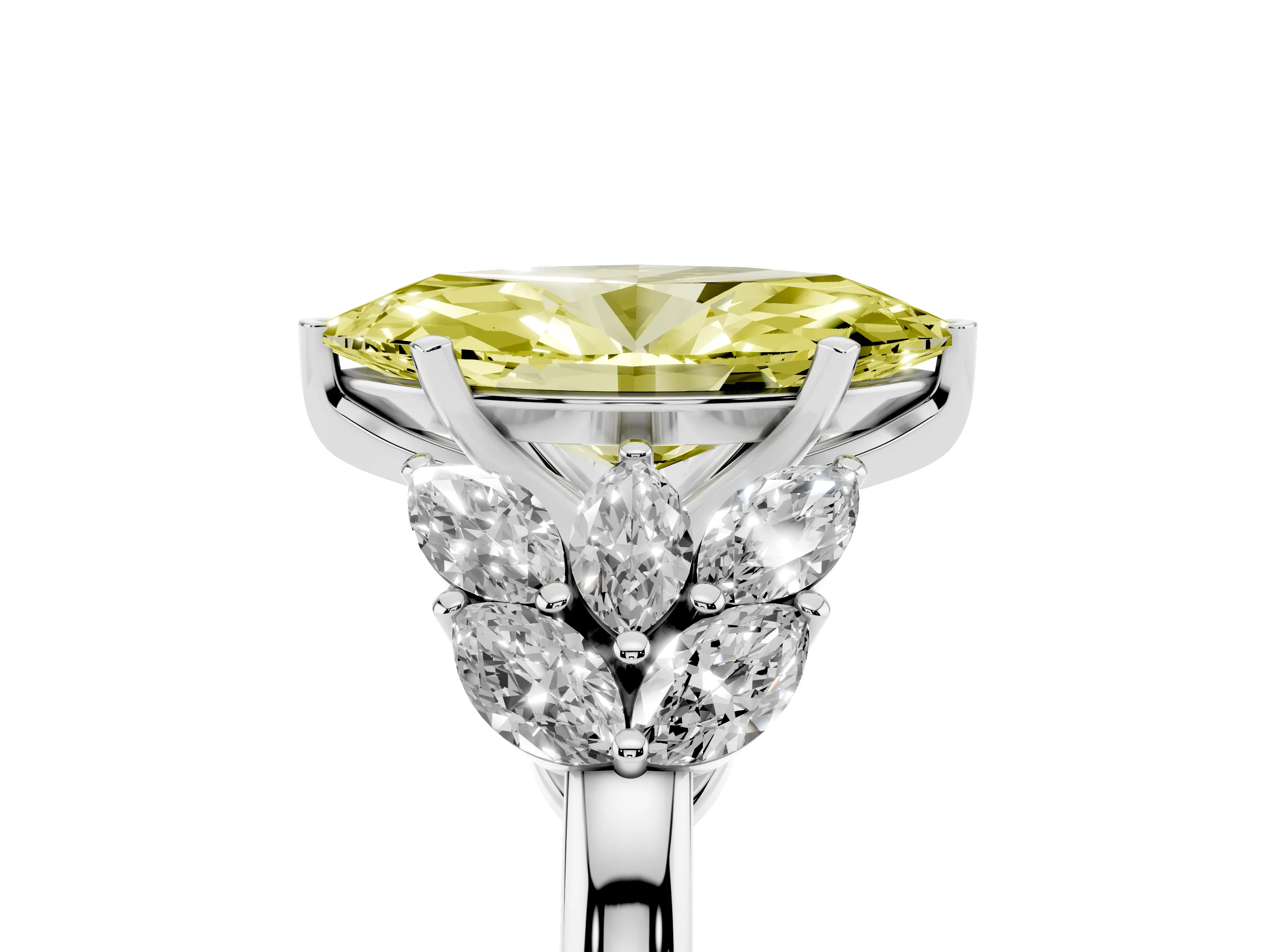 Fancy Yellow Marquise Cut Diamond Cluster Leaf Design Ring Set in Platinum with Prong Setting