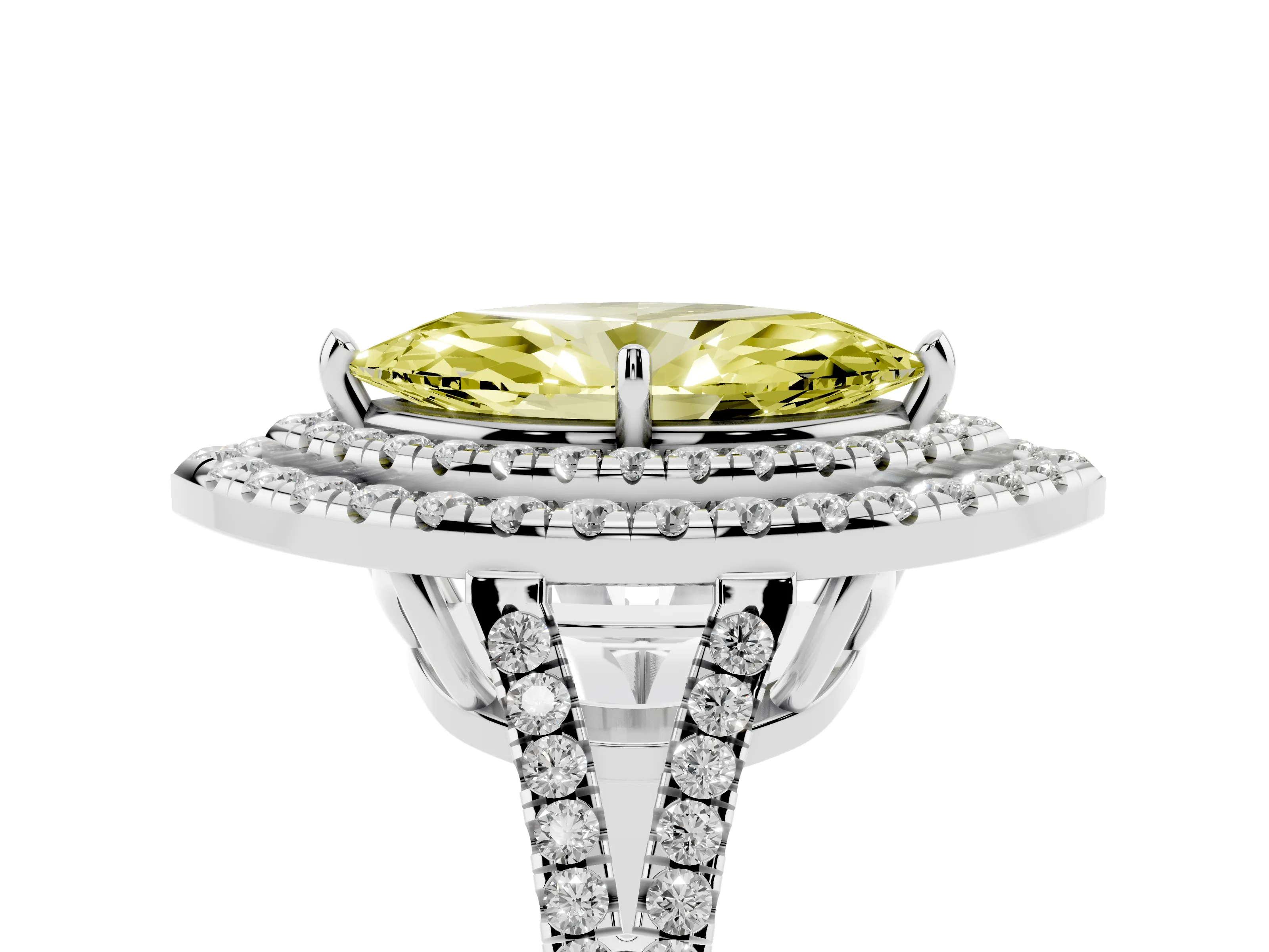 Fancy Yellow Marquise Cut Diamond Double Halo Ring Set in Platinum with Pavé Band