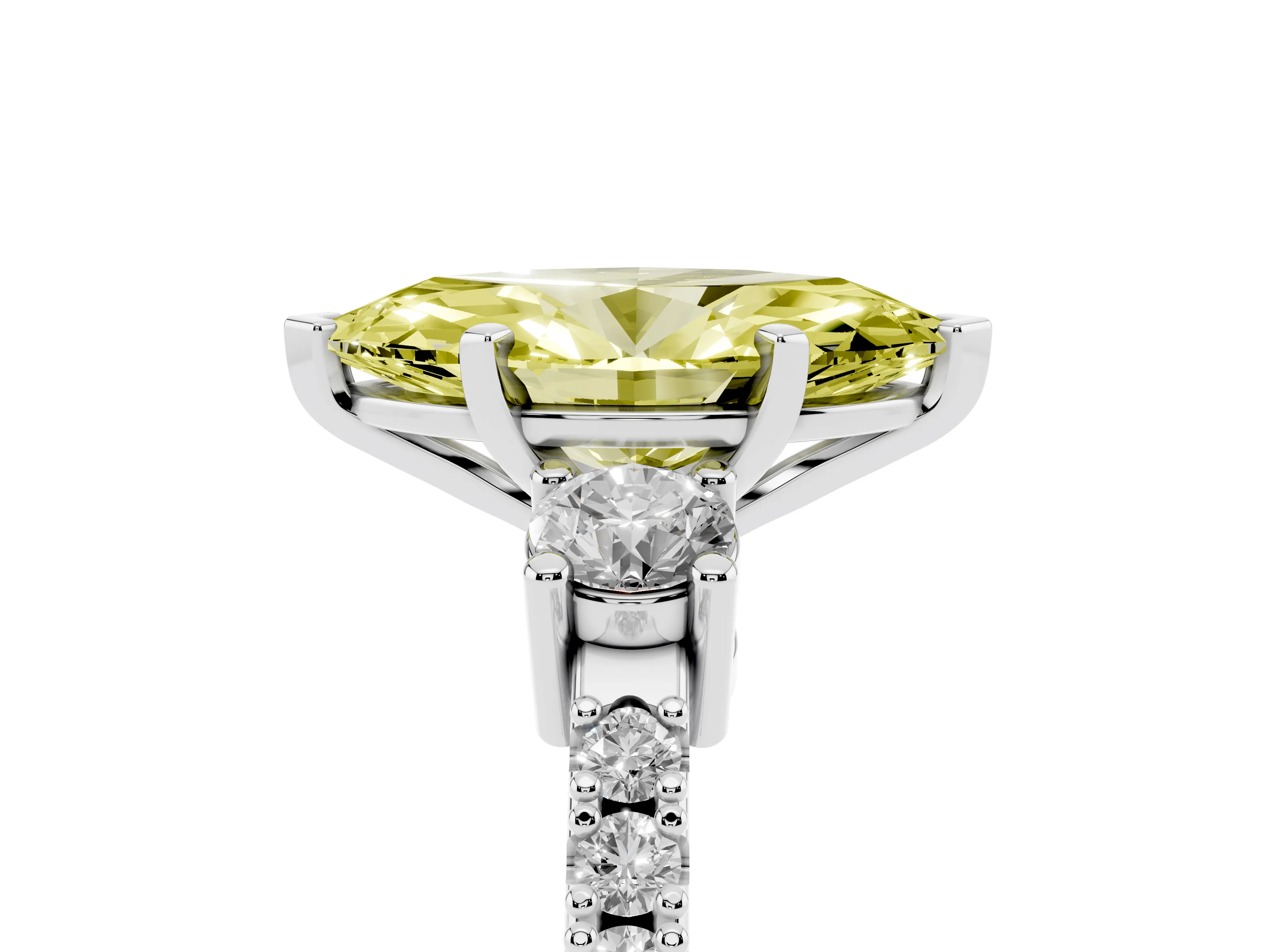 Fancy Yellow Three-Stone Marquise Cut Diamond Pavé Band Ring Set in Platinum with Prong Setting