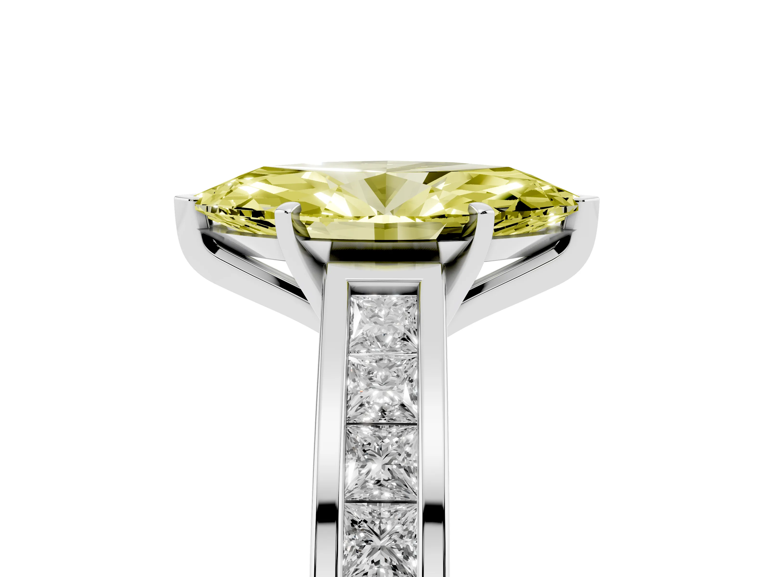 Fancy Yellow Marquise Cut Diamond Solitaire Ring Set in Platinum with Channel-Set Band and Prong Setting