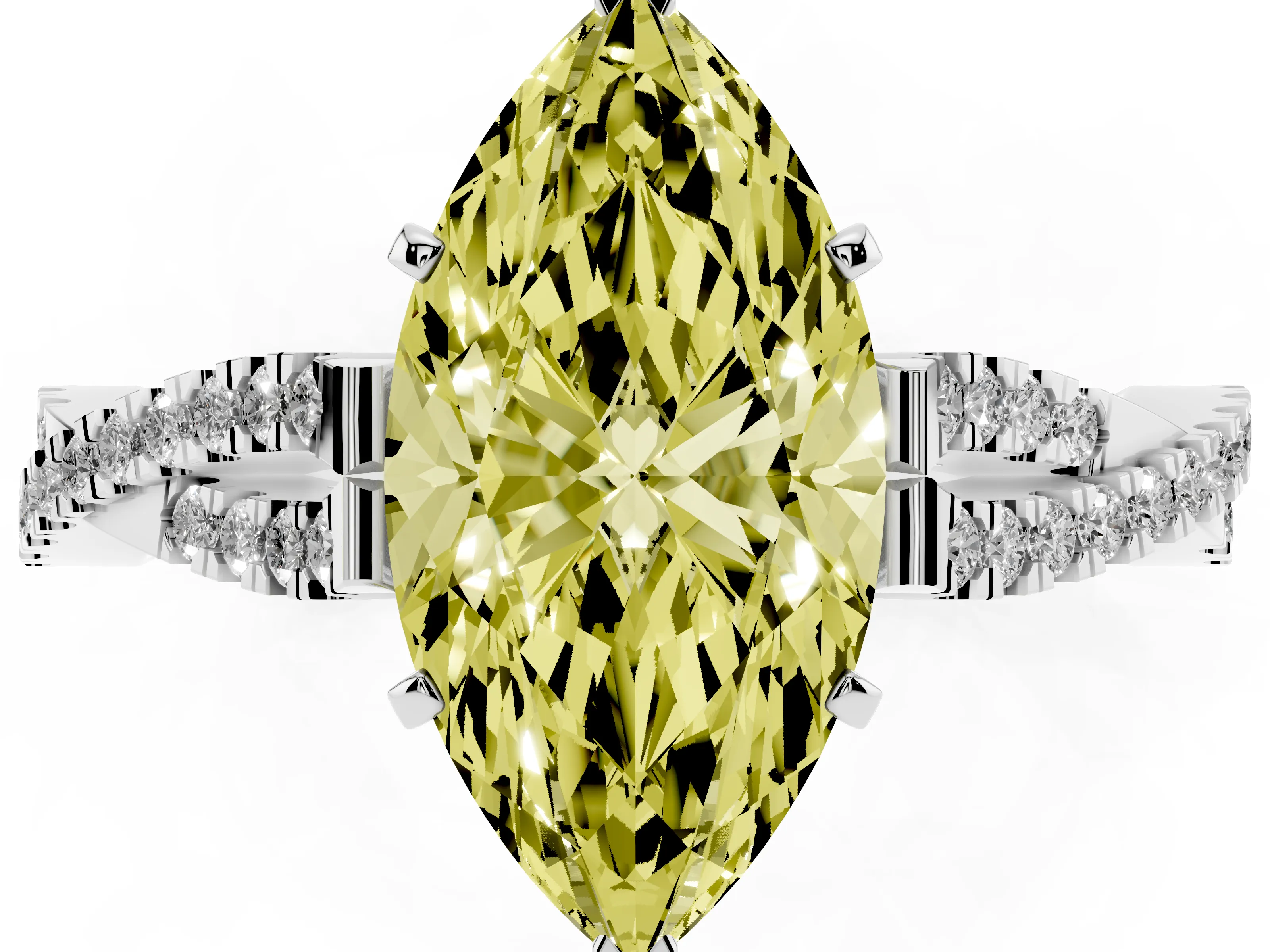 Fancy Yellow Marquise Cut Diamond Solitaire Engagement Ring Set in Platinum with Twisted Pavé Band and Prong Setting