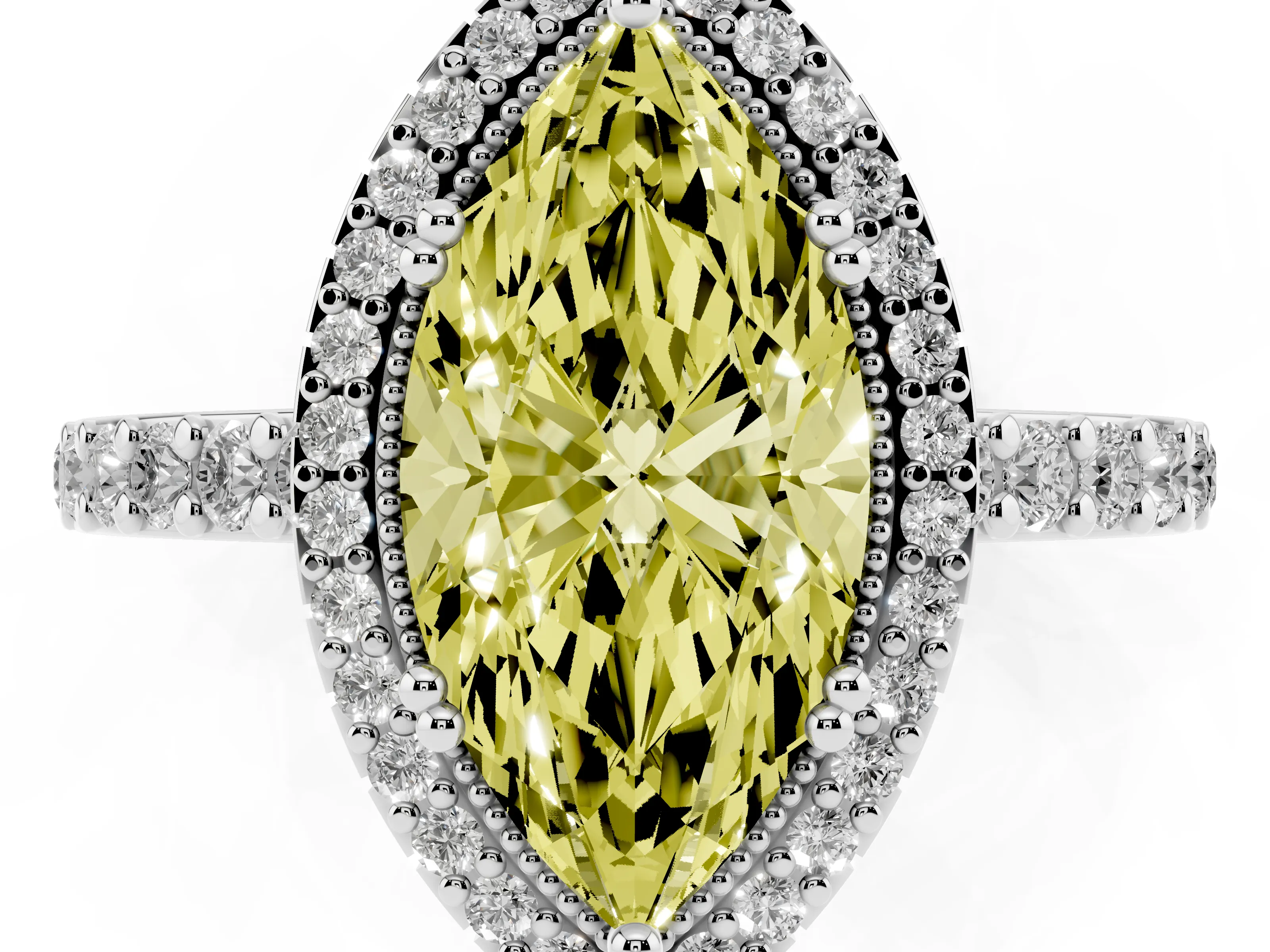 Fancy Yellow Marquise Cut Diamond Halo Engagement Ring Set in White gold with Milgrain Detail and Pavé Band