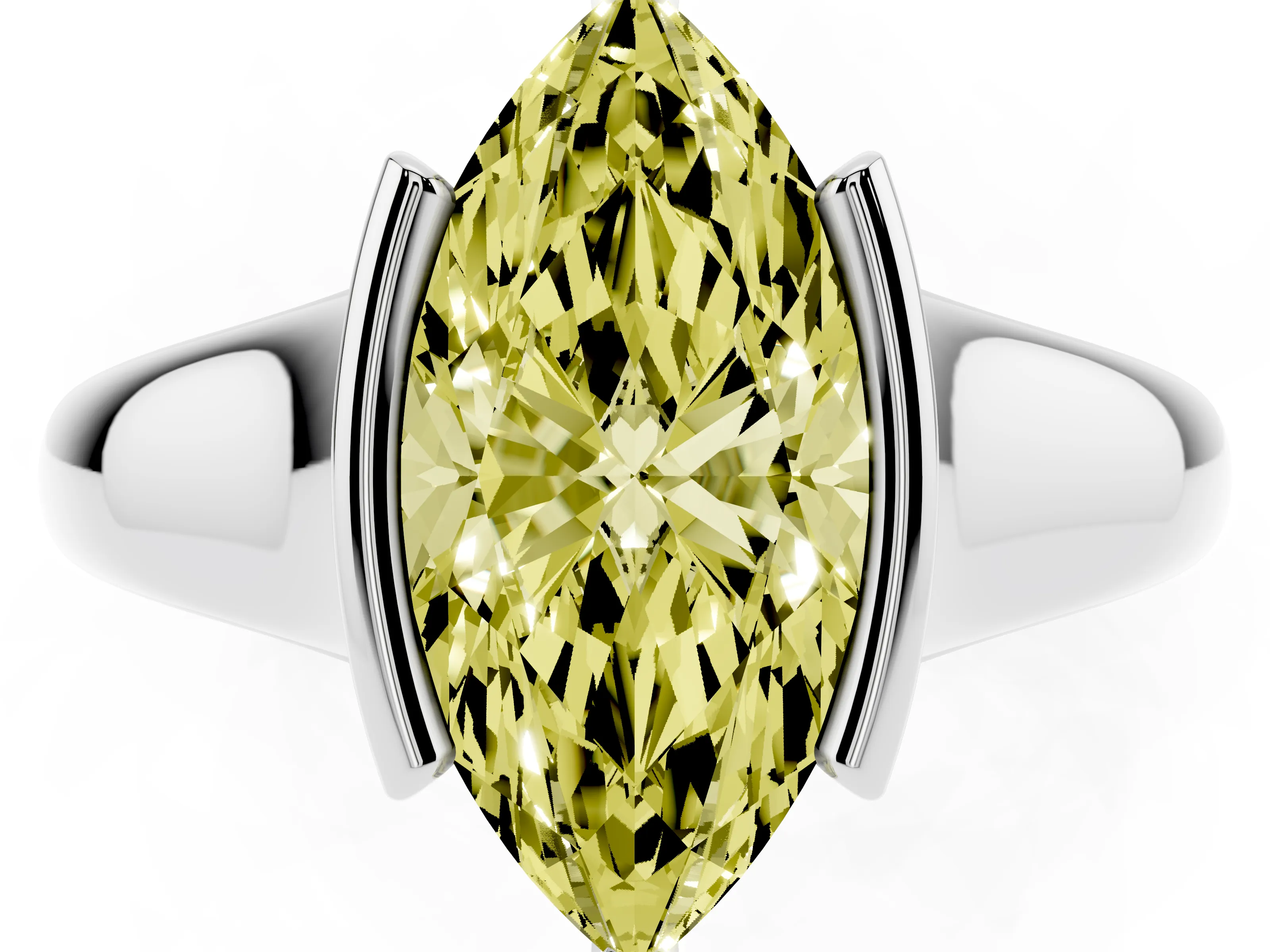 Fancy Yellow Marquise Cut Diamond Solitaire Tension Set Ring Set in White gold with Split Shank Band
