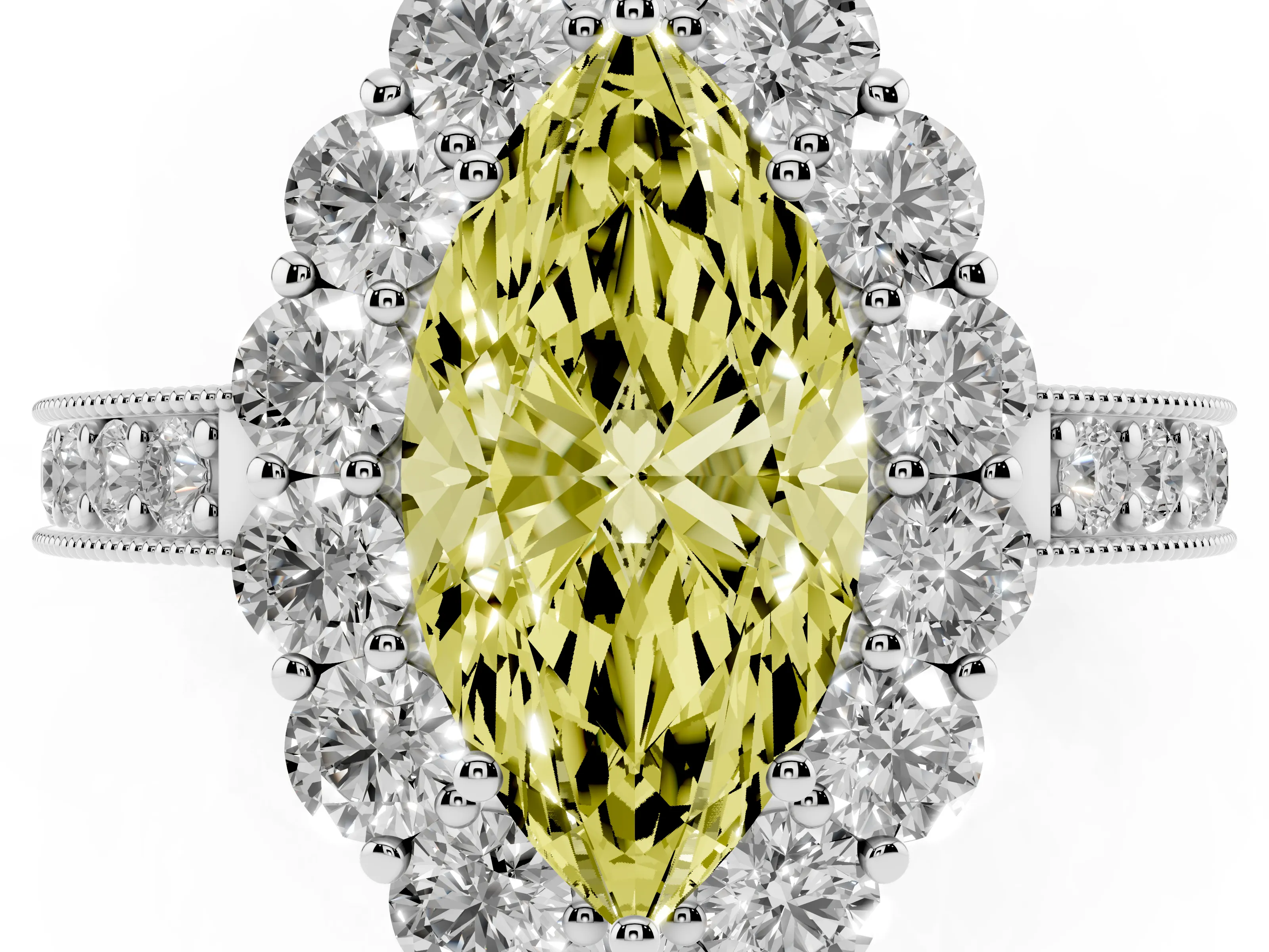 Fancy Yellow Marquise Cut Diamond Halo Pavé Engagement Ring Set in White gold with Milgrain Detailing