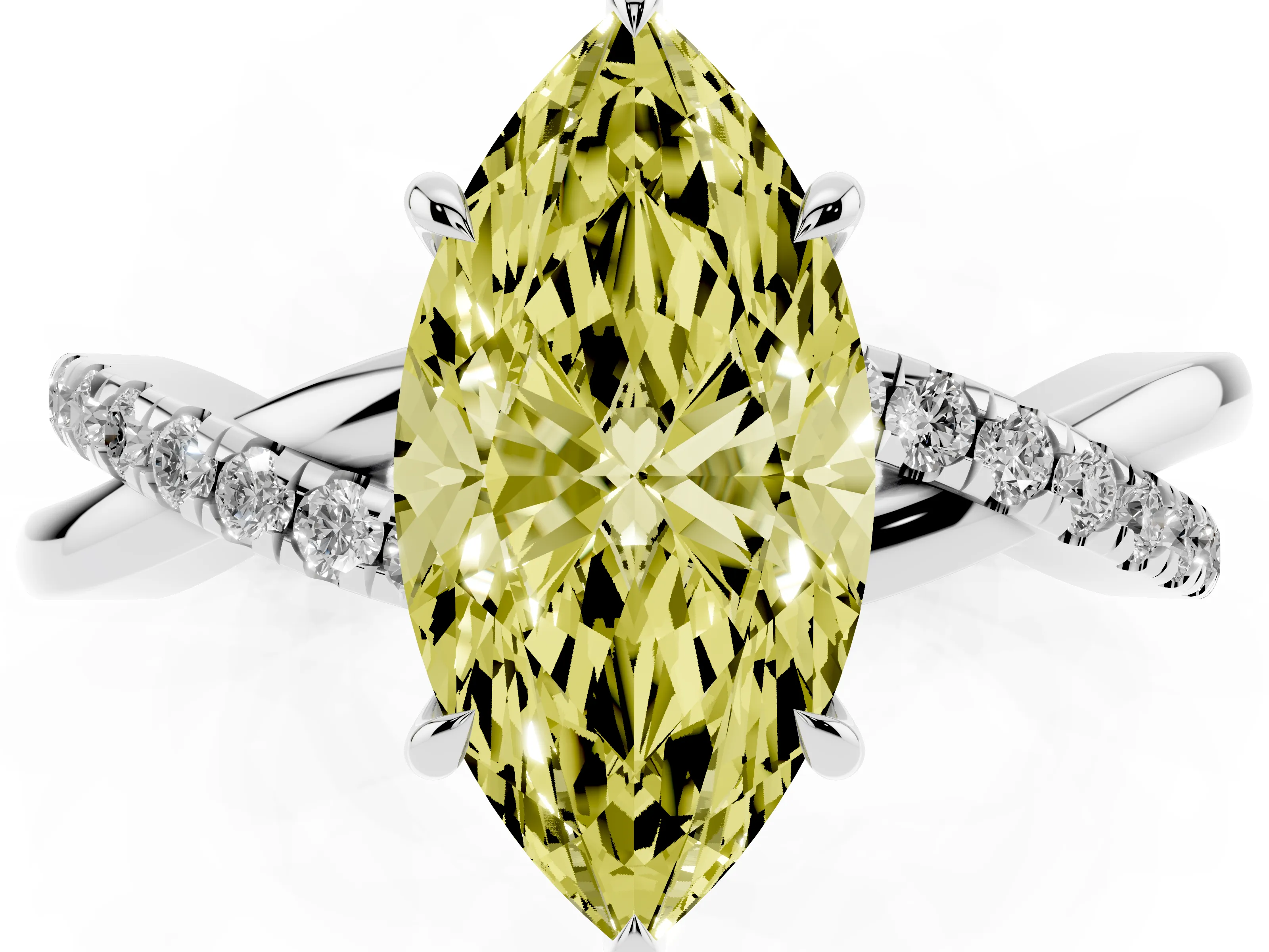 Fancy Yellow Marquise Cut Diamond Twisted Pavé Band Ring Set in Silver with Prong Setting