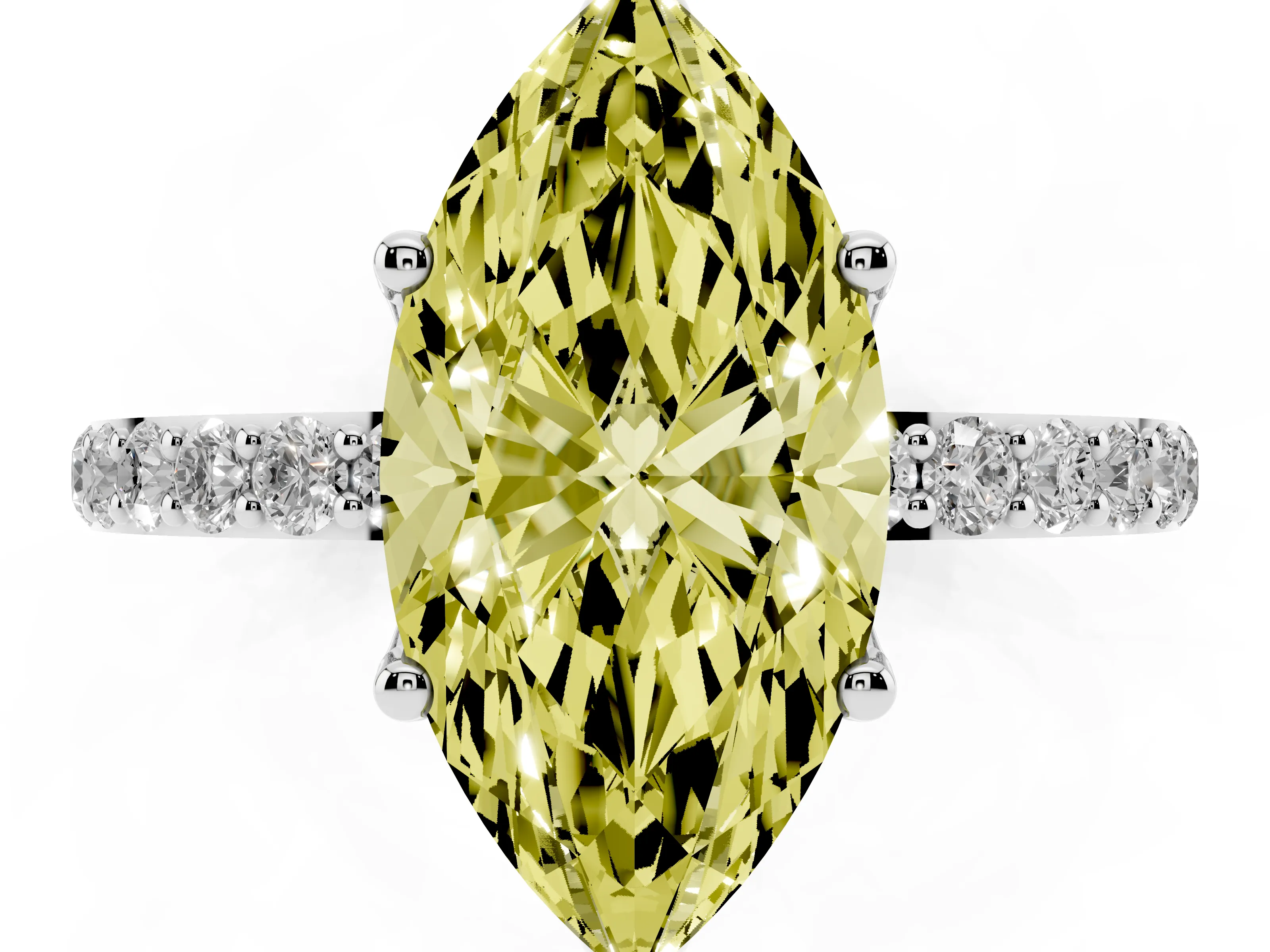 Fancy Yellow Marquise Cut Diamond Solitaire Engagement Ring Set in Silver with Round Pavé Band and Prong Setting