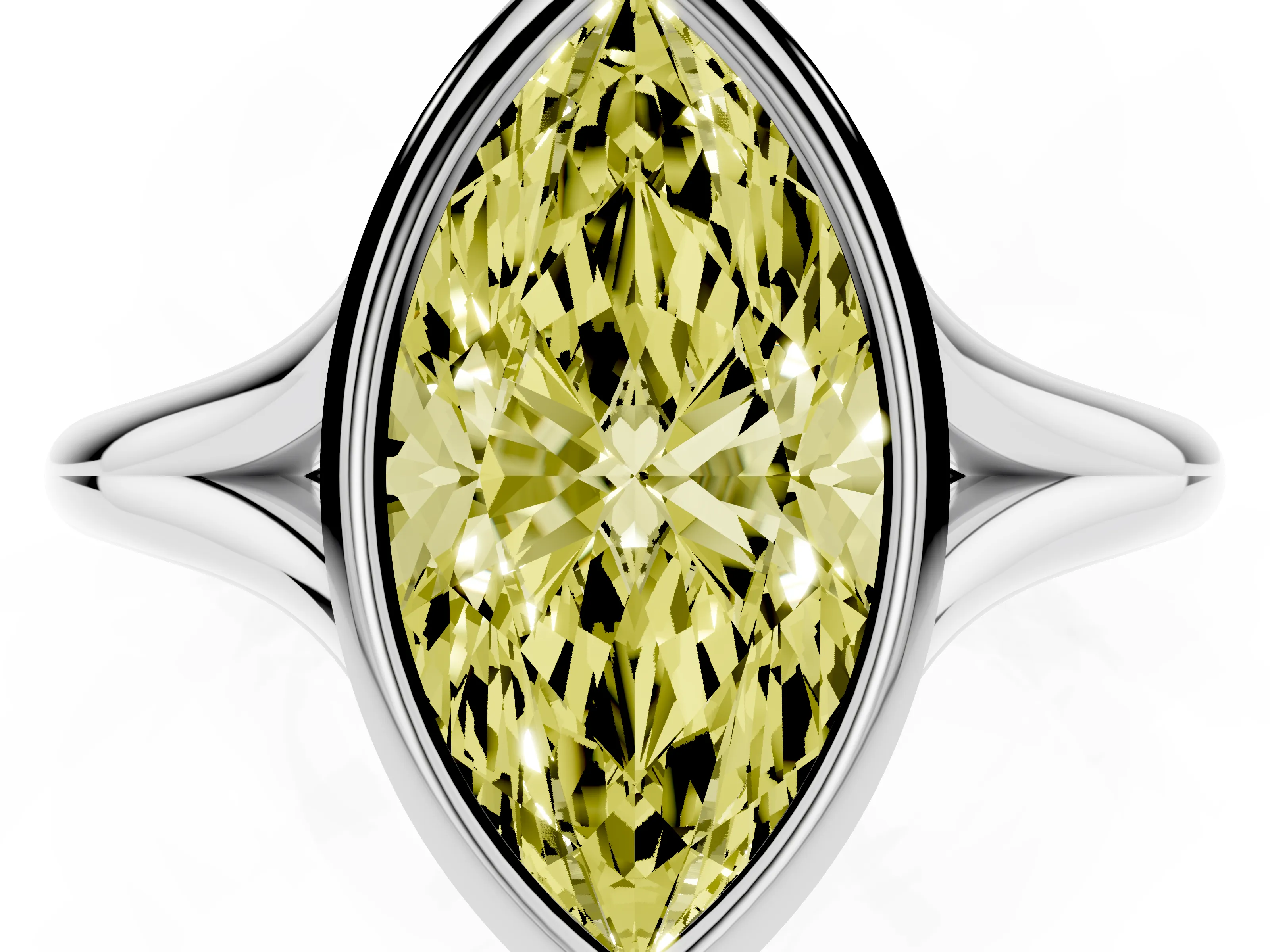 Fancy Yellow Bezel Set Marquise Cut Diamond Solitaire Ring Set in White gold with Tapered Band