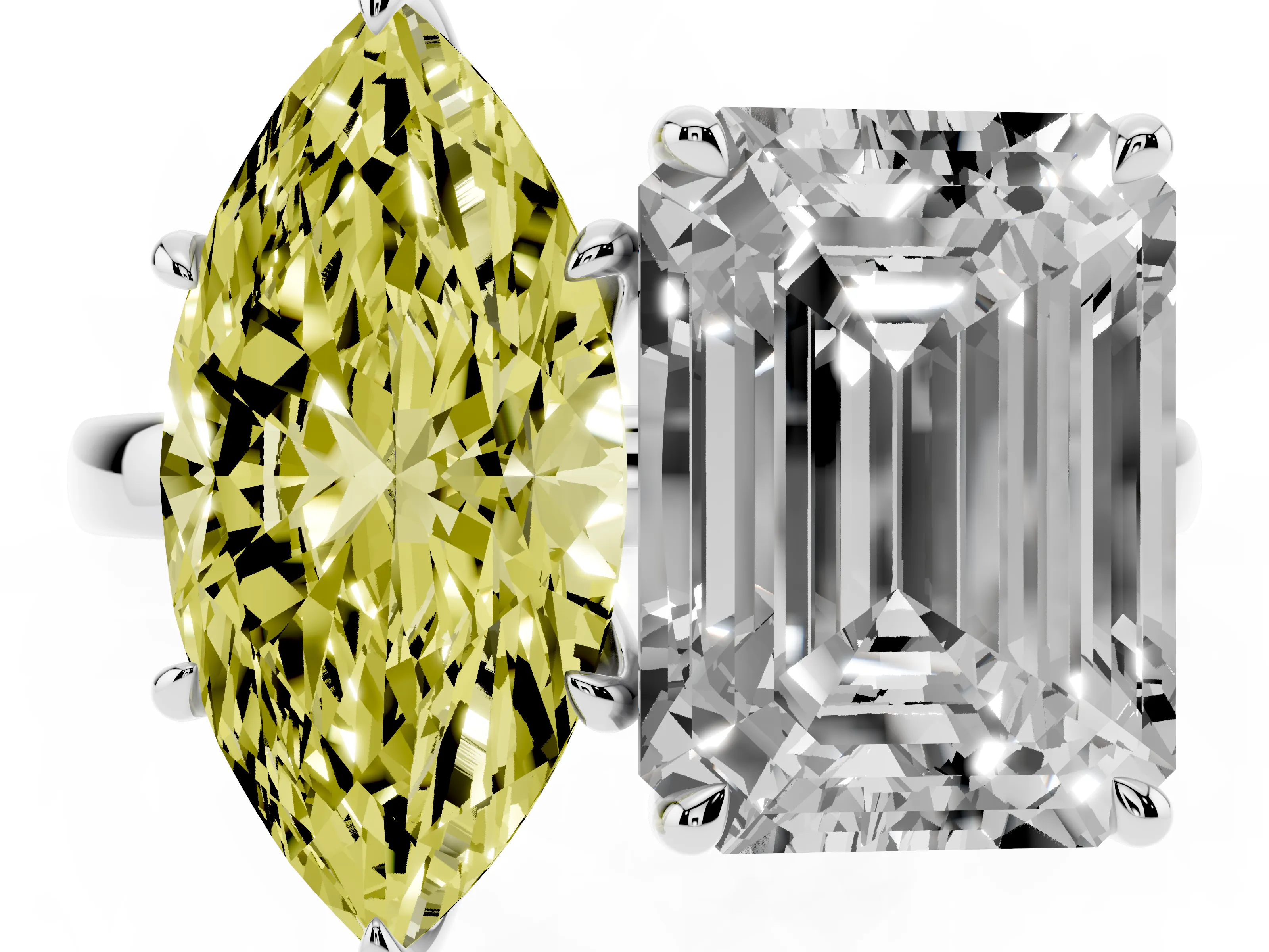 Fancy Yellow Marquise Cut and Emerald Cut Toi Moi Ring Set in Silver with Prong Setting