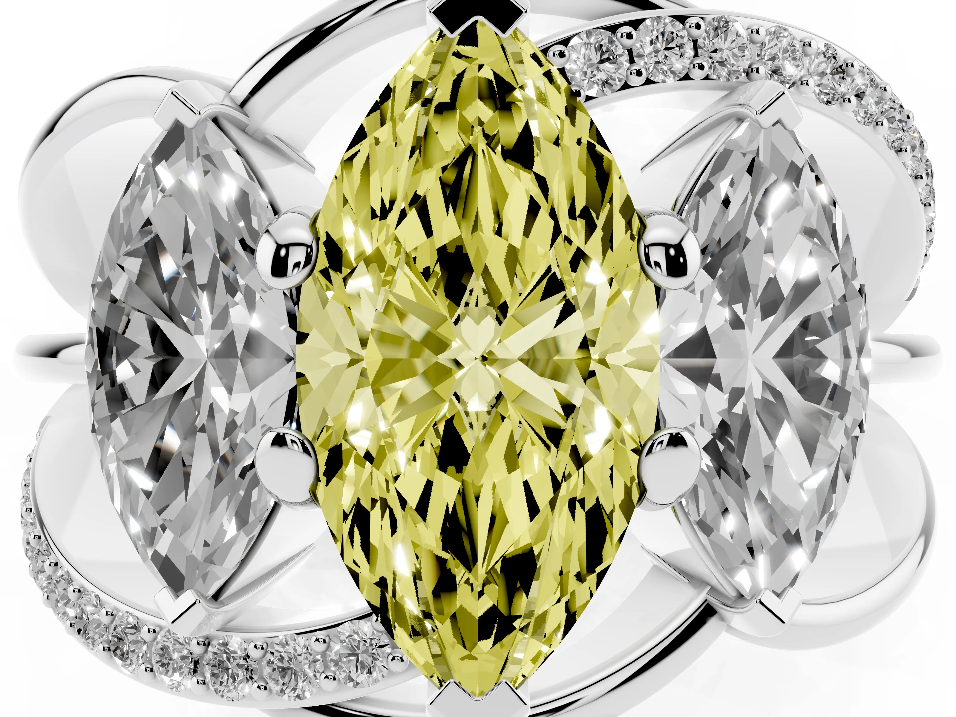 Fancy Yellow Marquise Cut Diamond Three-Stone Ring Set in Platinum with Split Shank and Prong Setting