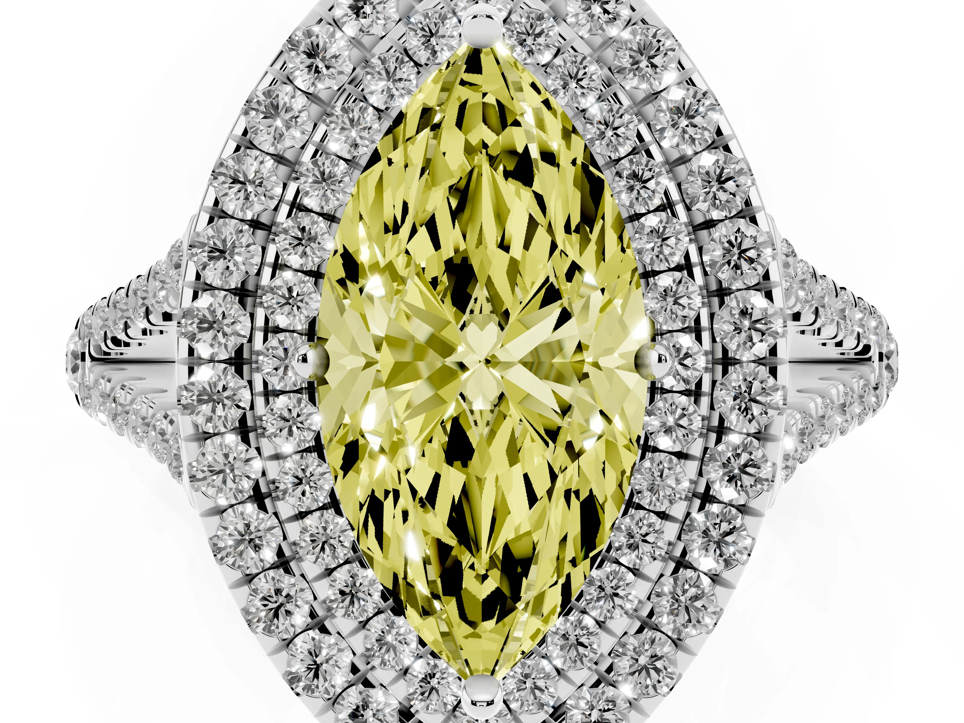 Fancy Yellow Marquise Cut Diamond Double Halo Ring Set in Platinum with Pavé Band