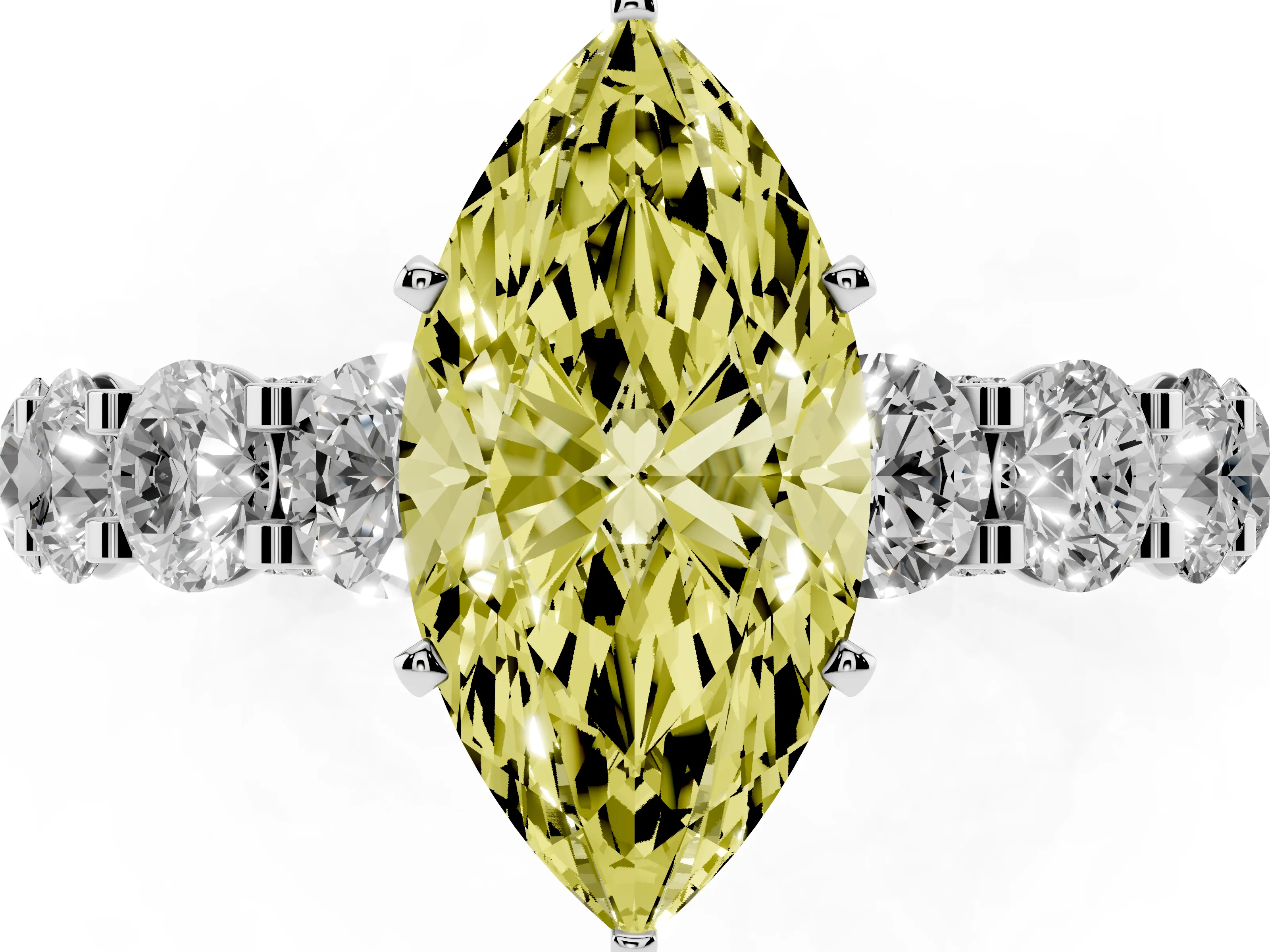 Fancy Yellow Marquise Cut Diamond Side Stone Ring Set in Silver with Alternating Round and Oval Side Stones