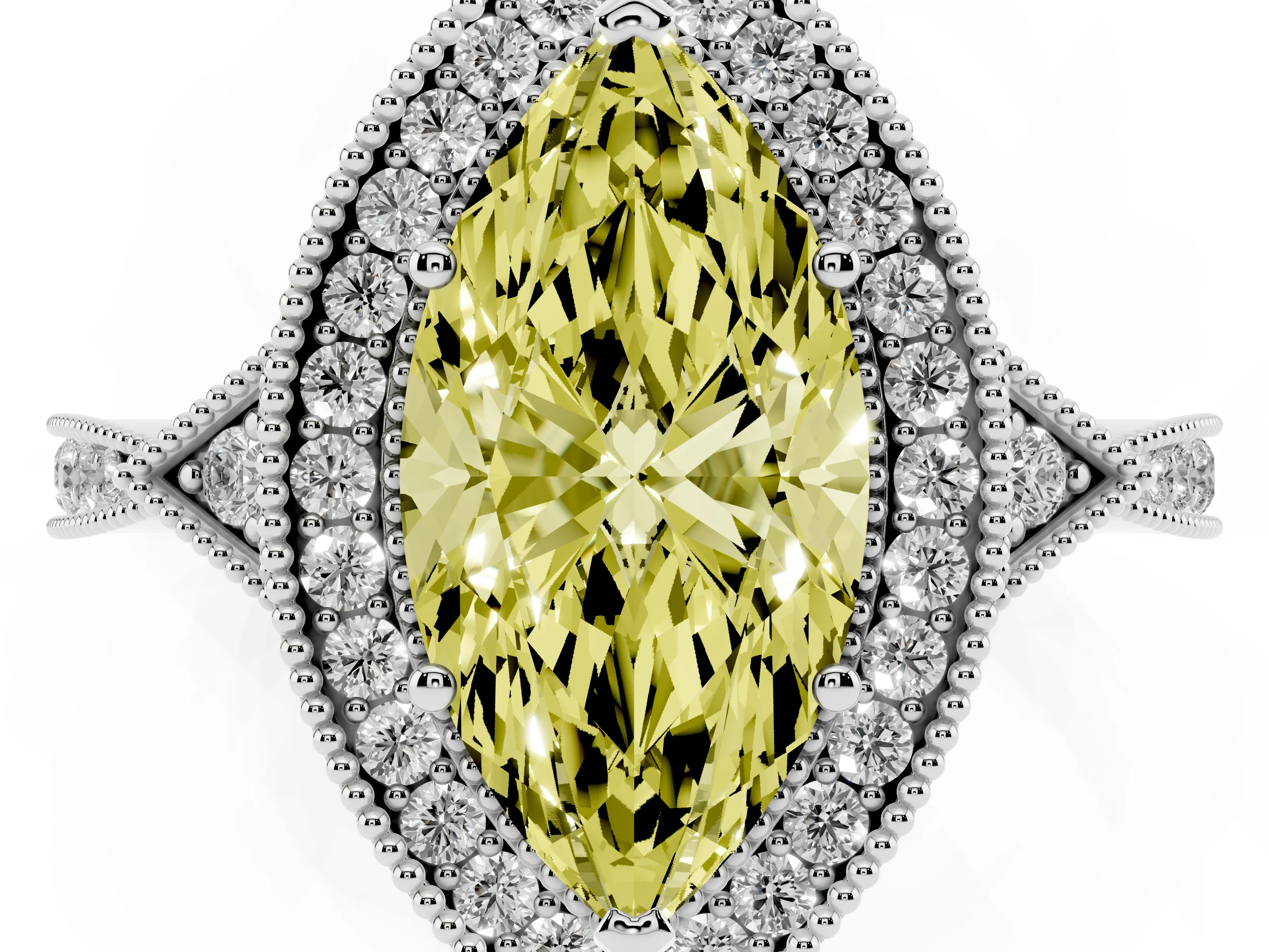 Fancy Yellow Marquise Cut Diamond Halo Engagement Ring Set in Platinum with Milgrain Pavé Band