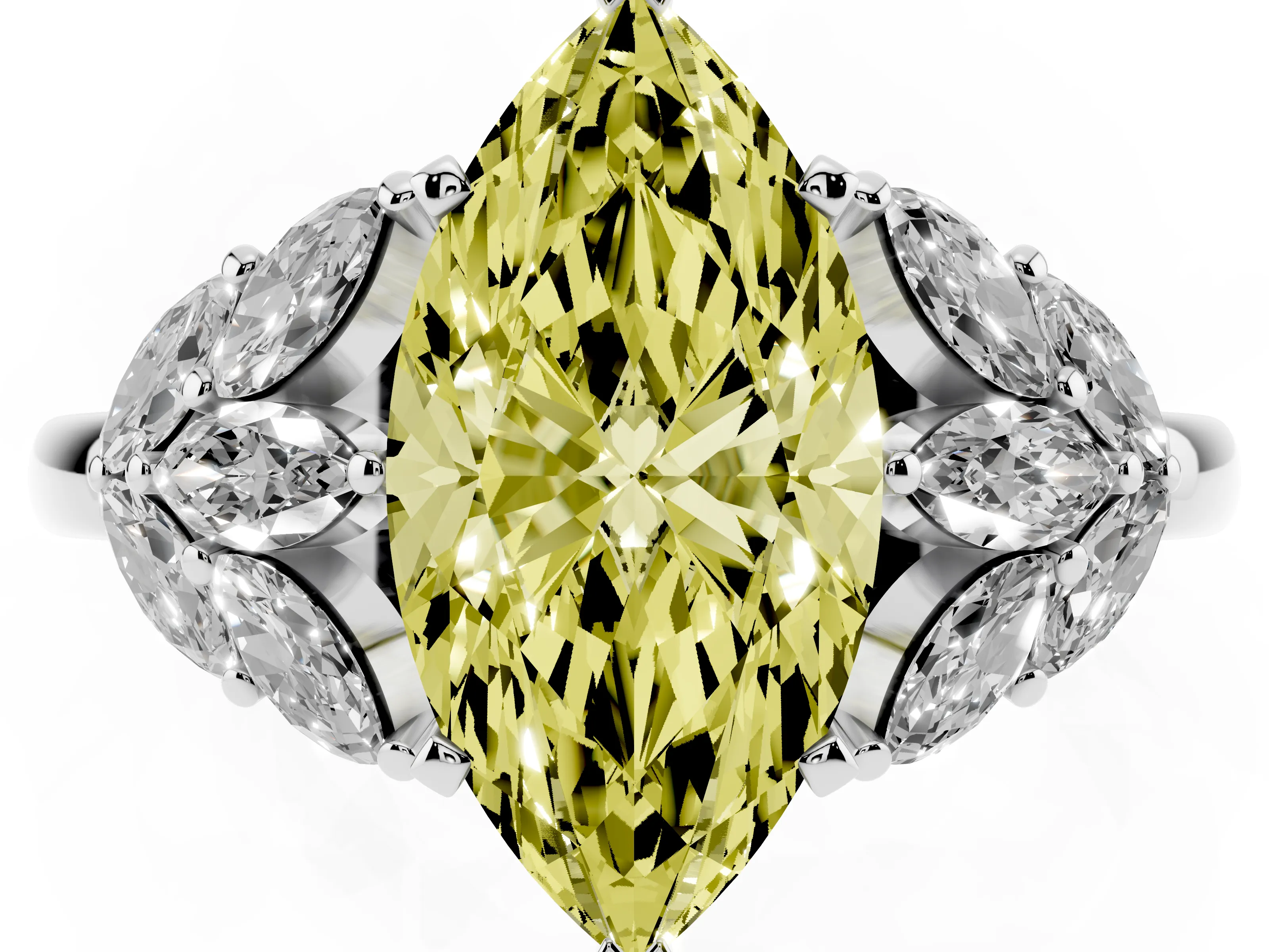 Fancy Yellow Marquise Cut Diamond Cluster Leaf Design Ring Set in Platinum with Prong Setting