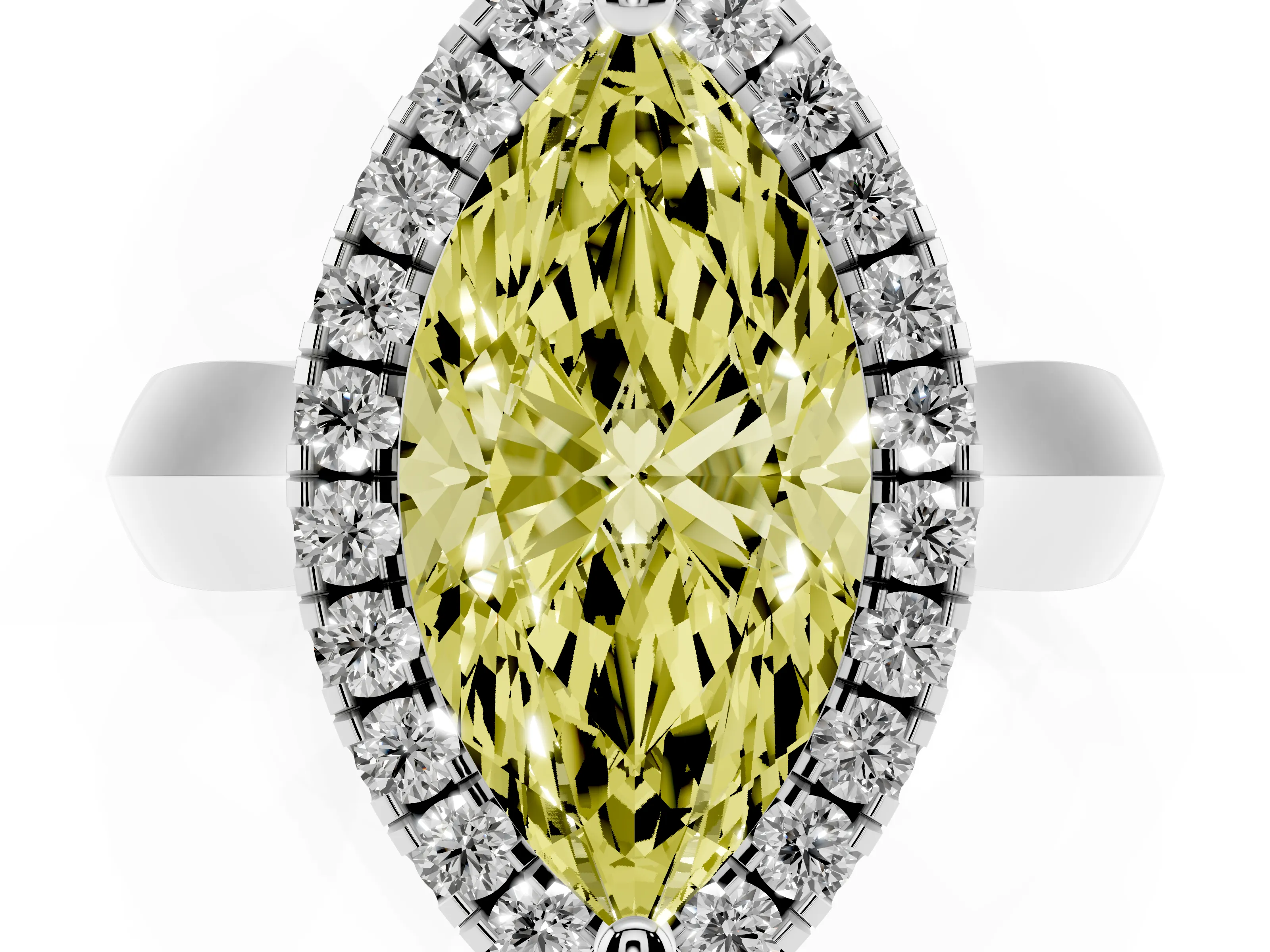 Fancy Yellow Marquise Cut Diamond Halo Solitaire Engagement Ring Set in White gold with Square Band and Prong Setting