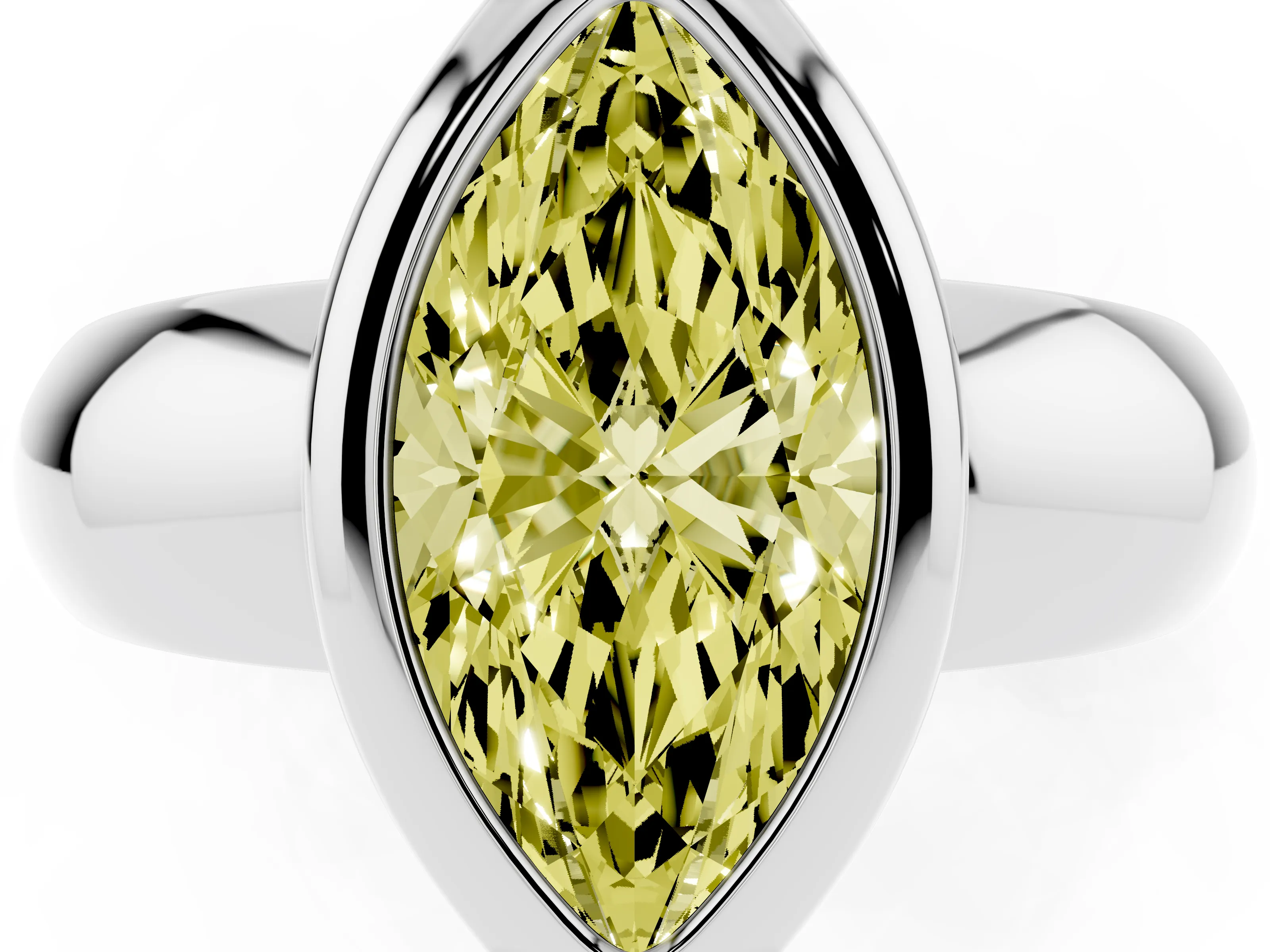 Fancy Yellow Bezel Set Marquise Cut Diamond Solitaire Ring Set in Platinum with Wide Band