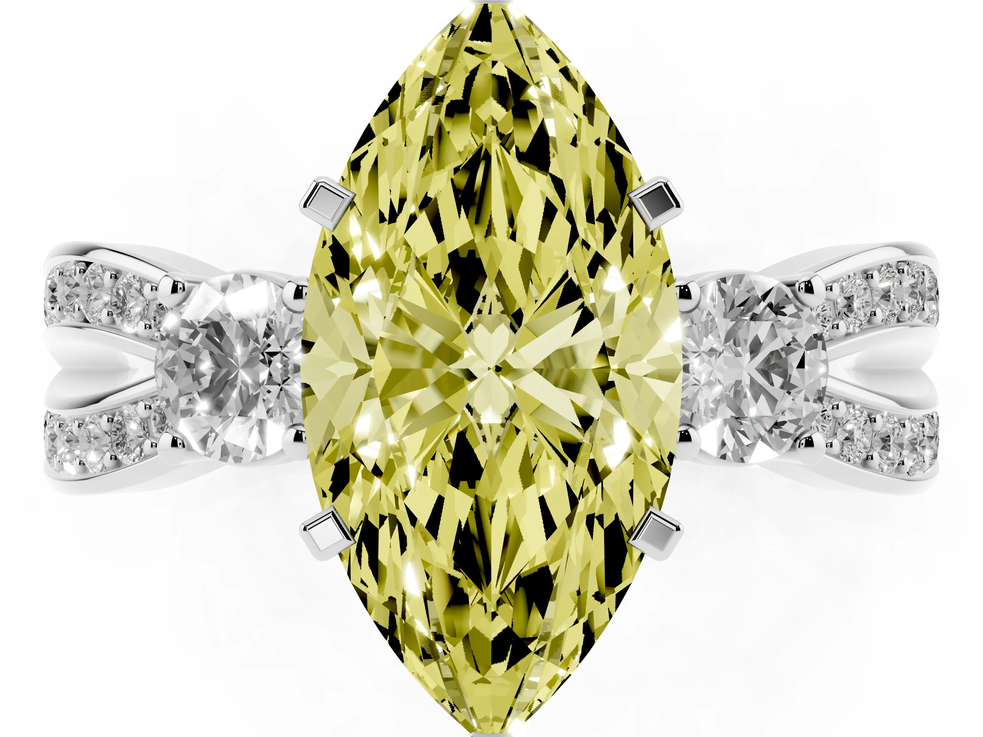 Fancy Yellow Three-Stone Marquise Cut Diamond Twist Band Ring Set in White gold with Pavé Accents and Prong Setting