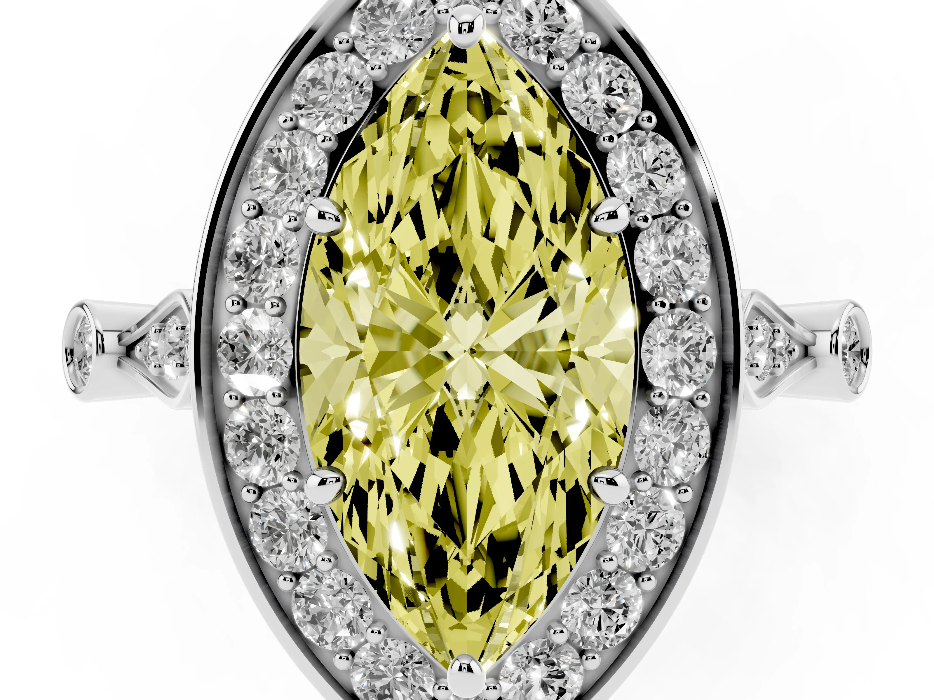 Fancy Yellow Marquise Cut Diamond Halo Engagement Ring Set in Platinum with Twisted Band and Prong Setting