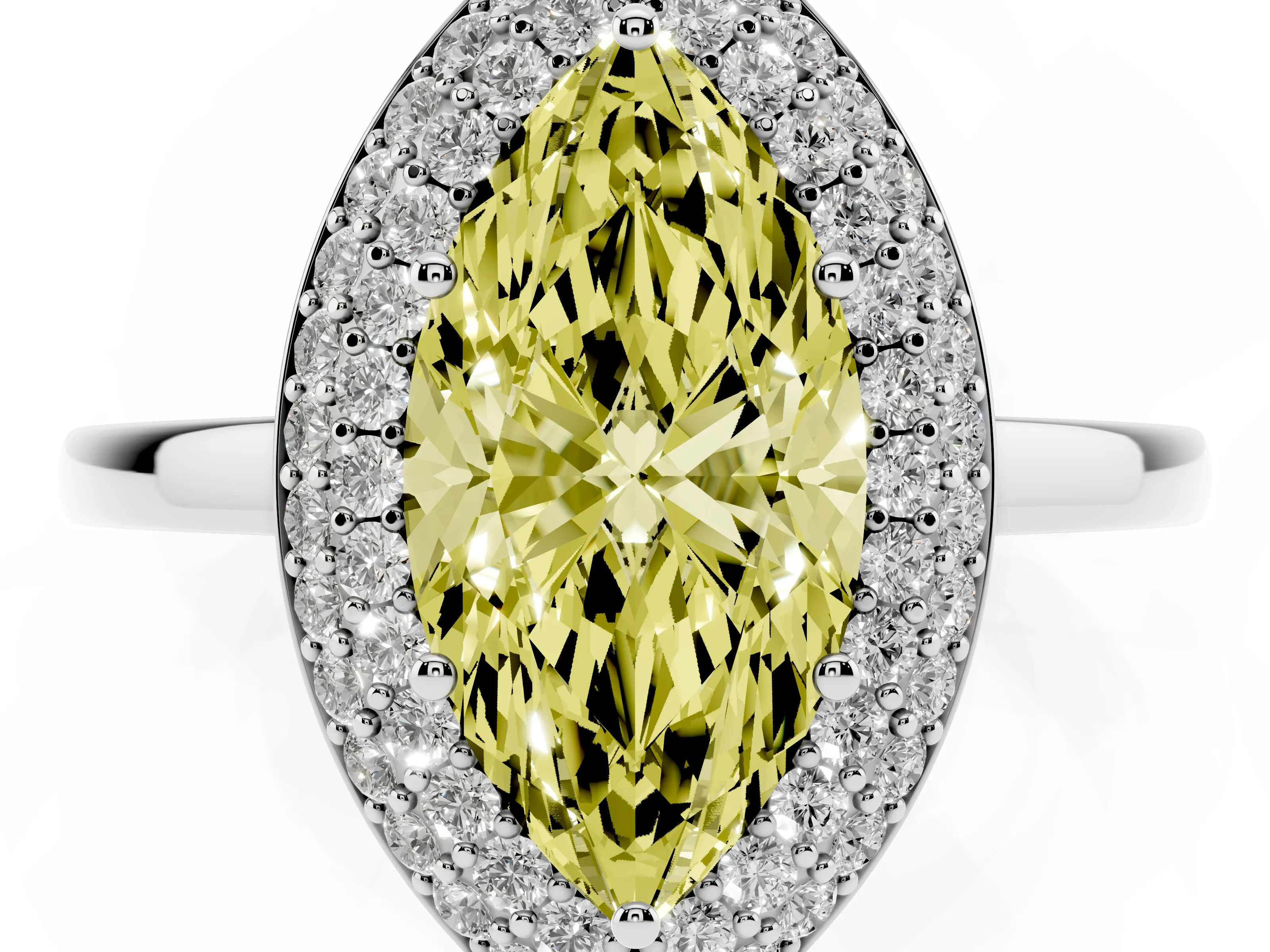 Fancy Yellow Marquise Cut Diamond Halo Engagement Ring Set in Platinum with Solitaire Band and Prong Setting