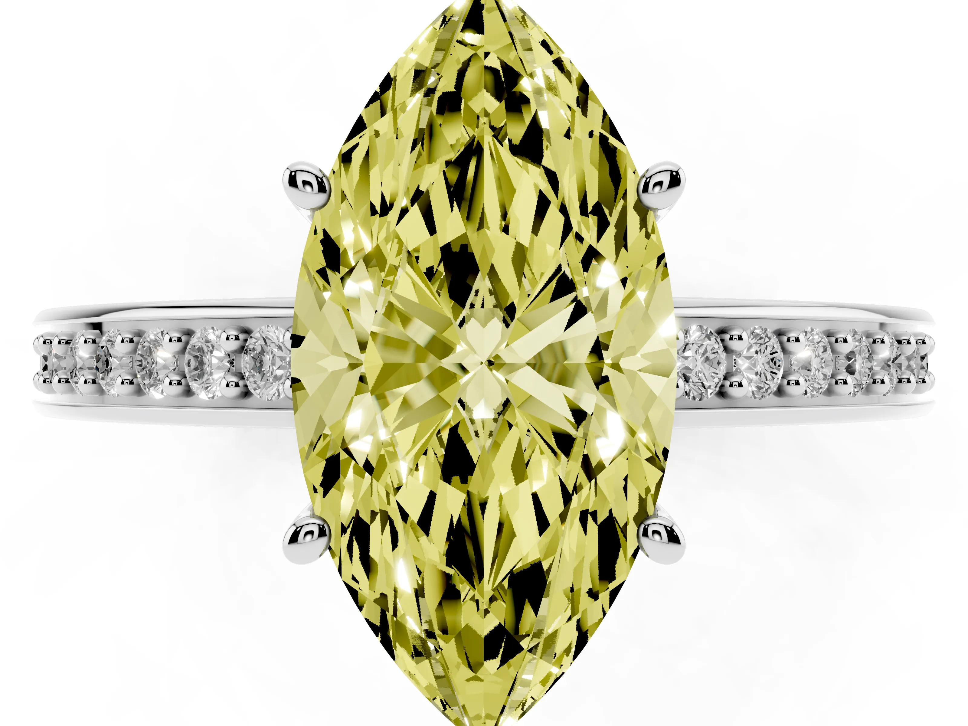 Fancy Yellow Marquise Cut Diamond Pavé Band Prong Set Solitaire Ring Set in Platinum