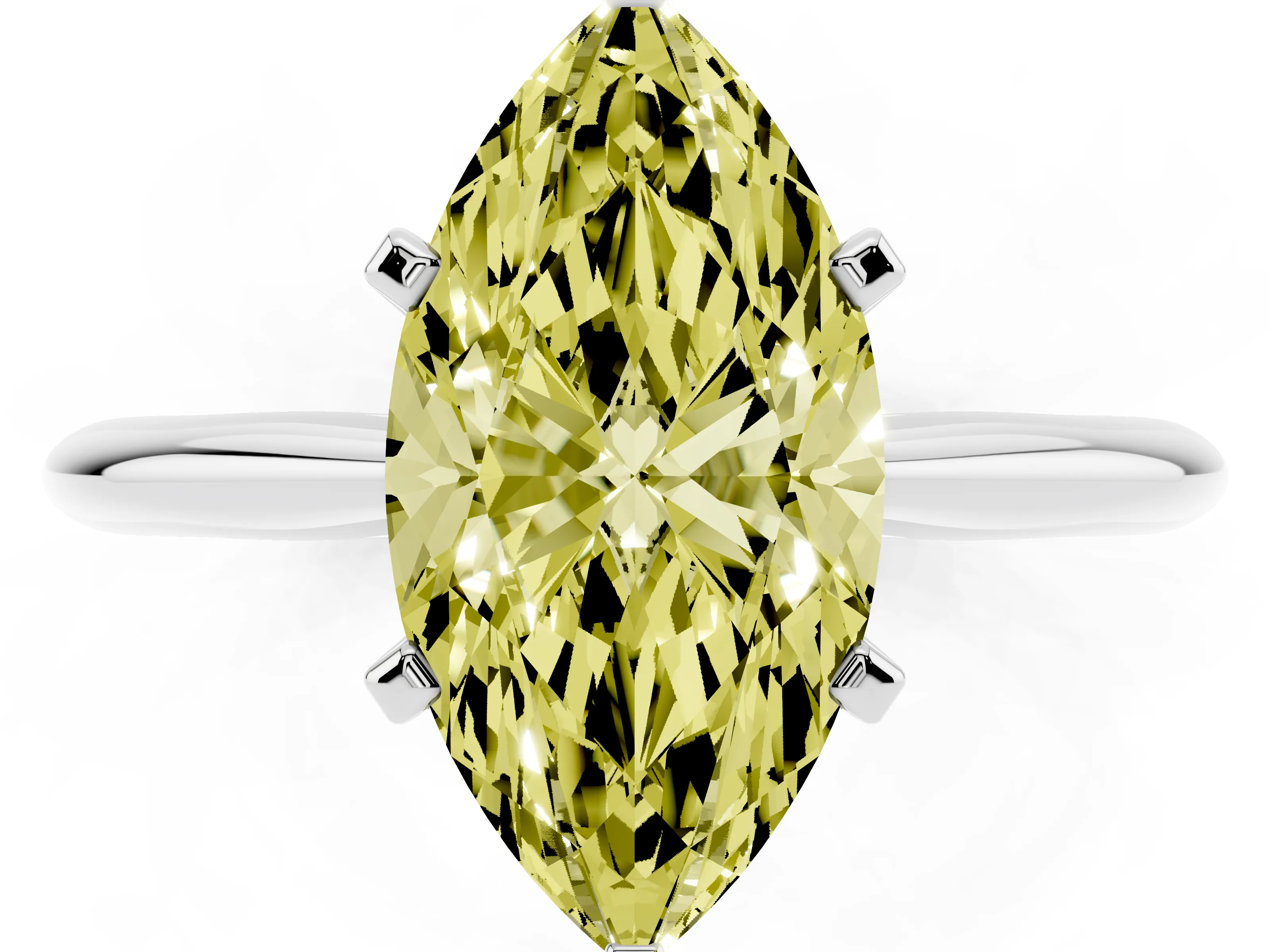 Fancy Yellow Marquise Cut Diamond Solitaire Ring Set in Platinum with Prong Setting on a Plain Round Band
