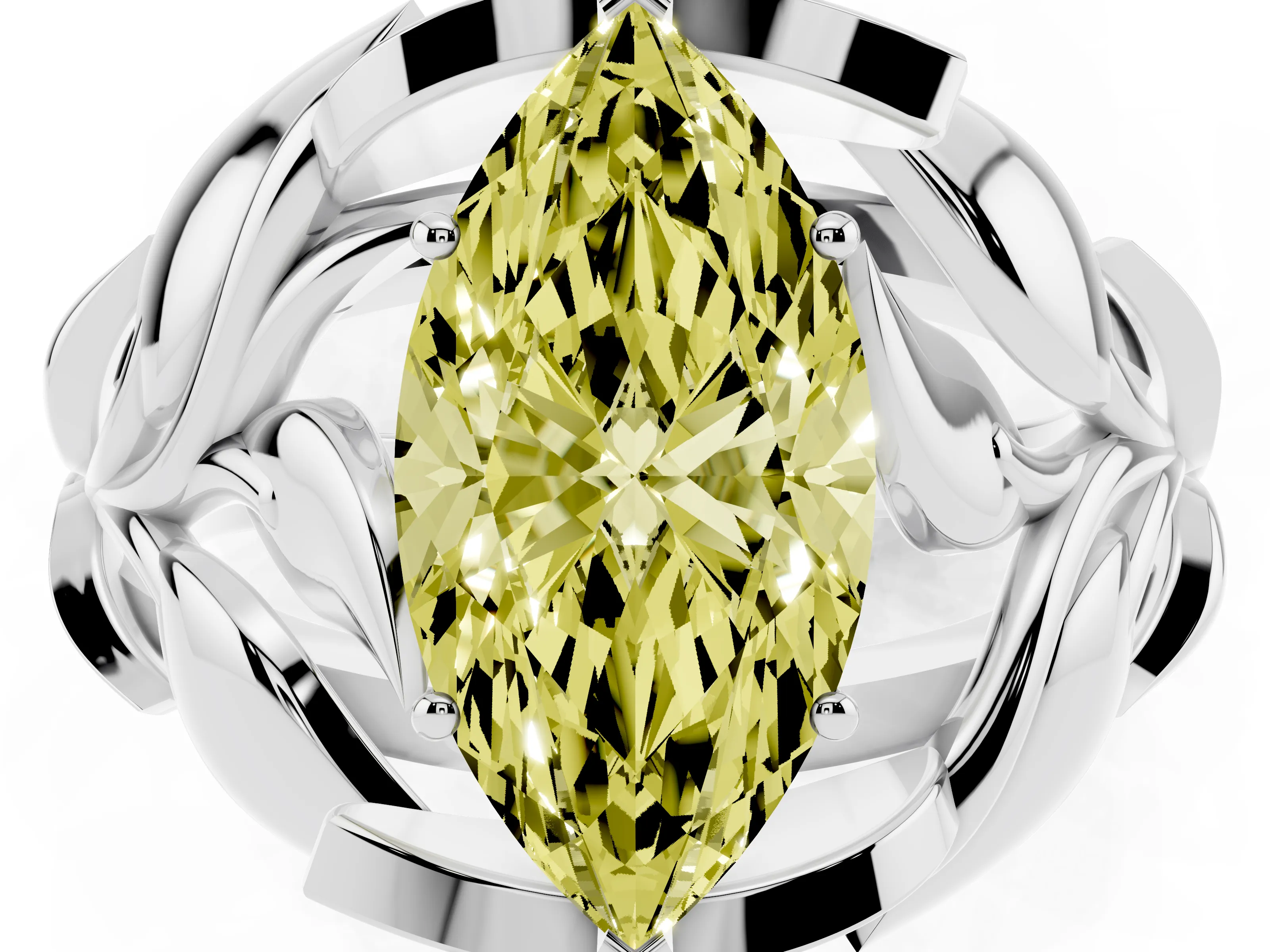 Fancy Yellow Marquise Cut Diamond Leaf-Inspired Engagement Ring Set in Platinum with Round Accents