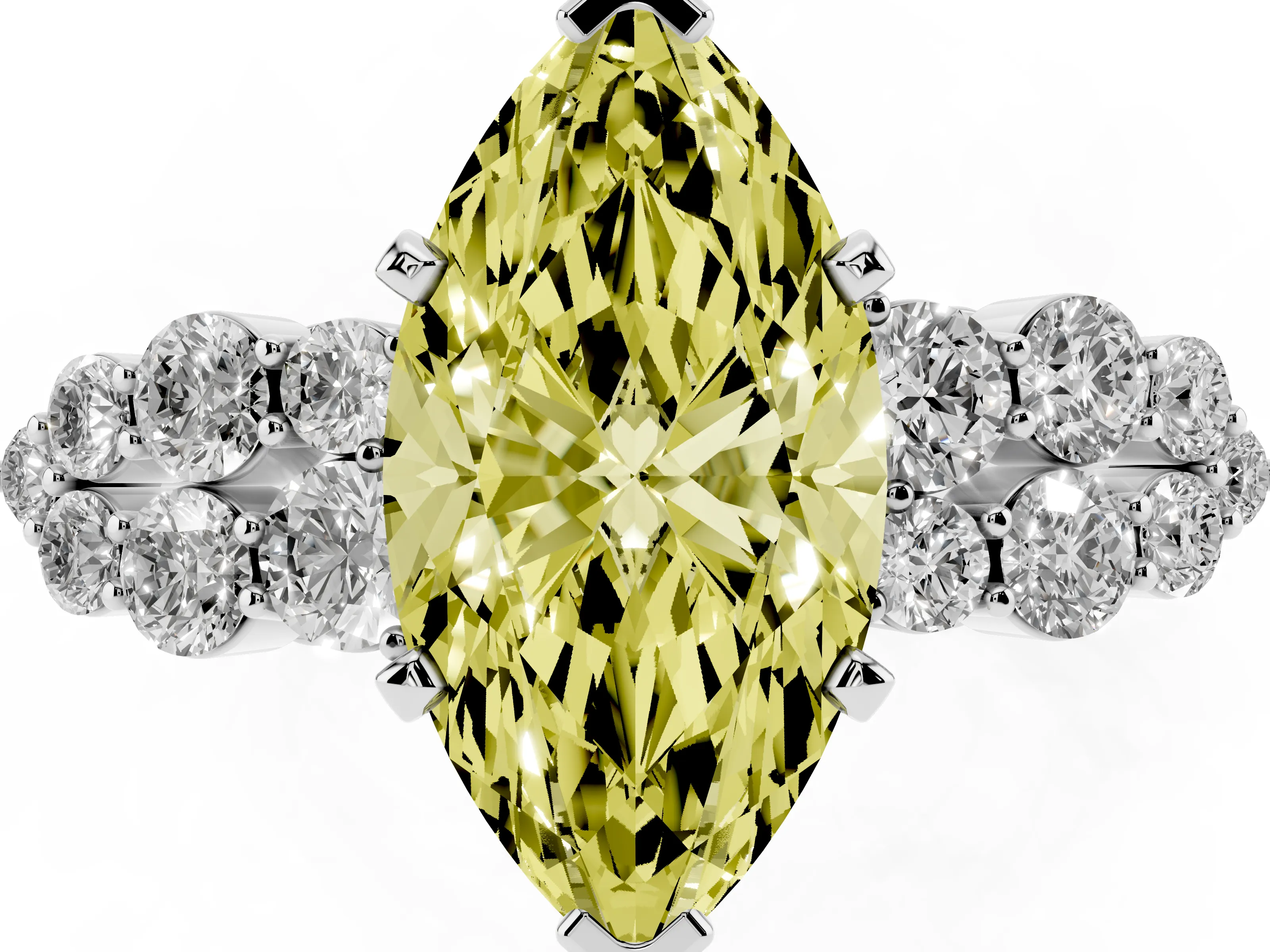 Fancy Yellow Marquise Cut Diamond Cluster Engagement Ring Set in Silver with Pavé Band and Prong Setting
