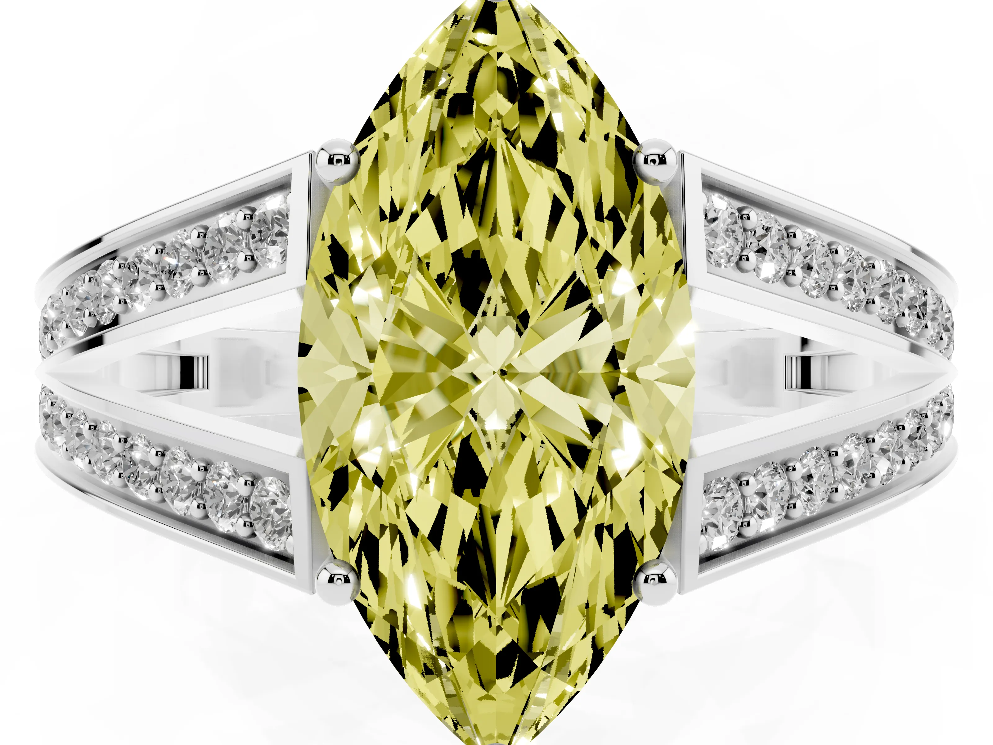Fancy Yellow Marquise Cut Diamond Split Shank Ring Set in Silver with Pavé Band and Prong Setting