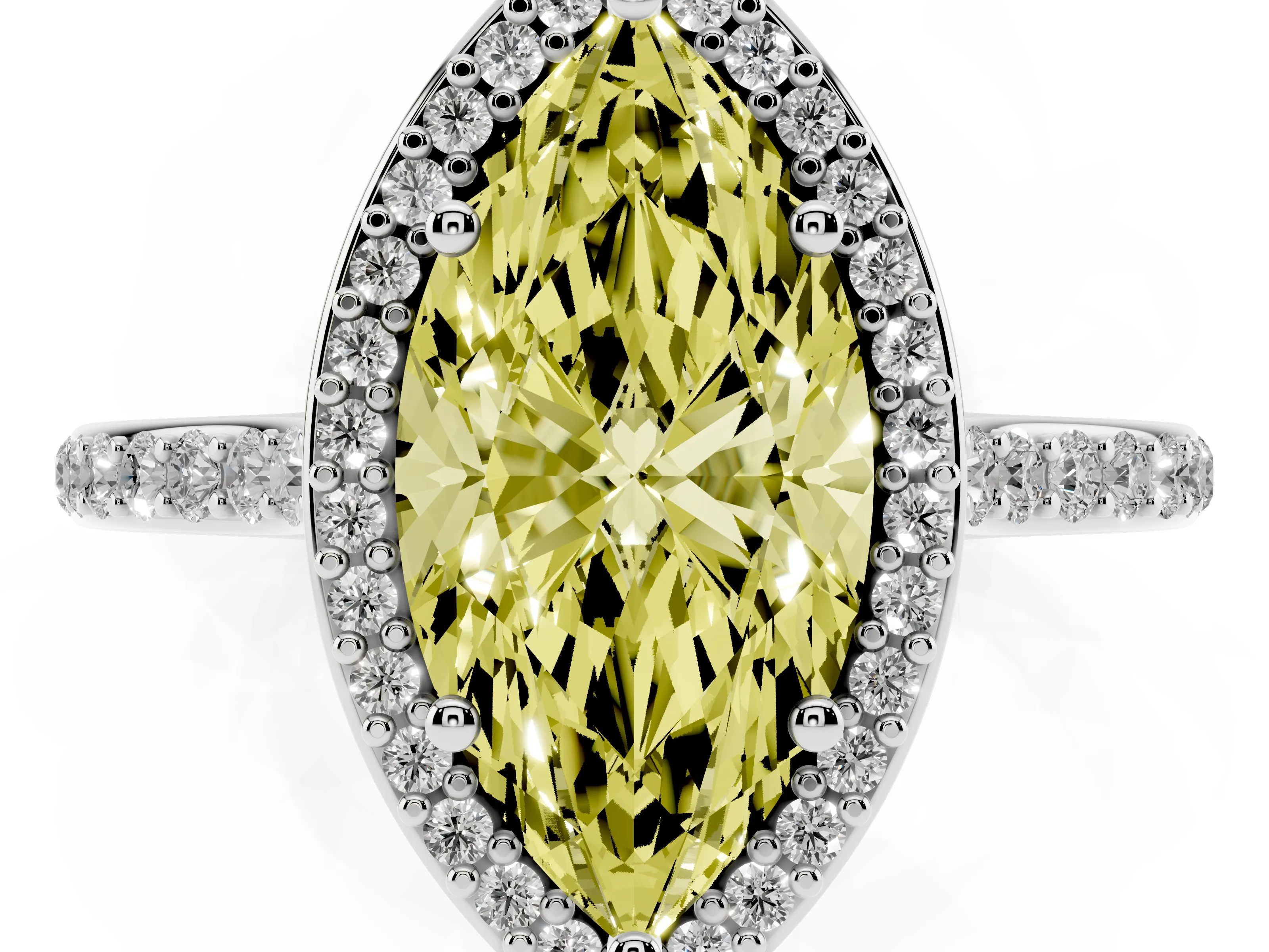 Fancy Yellow Marquise Cut Diamond Halo Engagement Ring Set in Silver with Round Pavé Shoulders and Heart Gallery