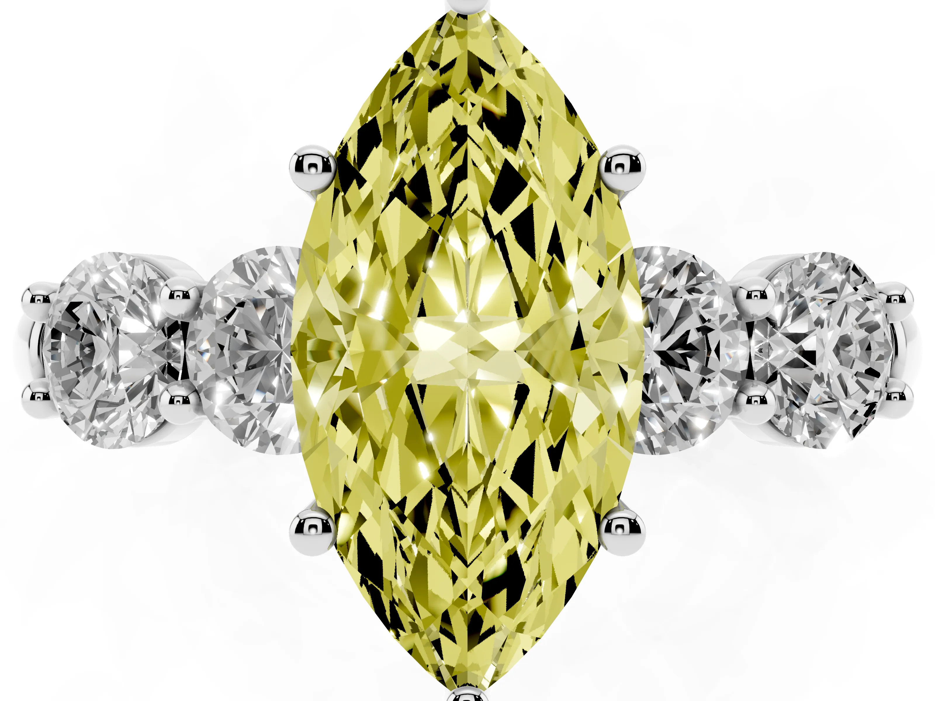 Fancy Yellow Marquise Cut Diamond Five-Stone Prong Set Ring Set in White gold with Classic Band