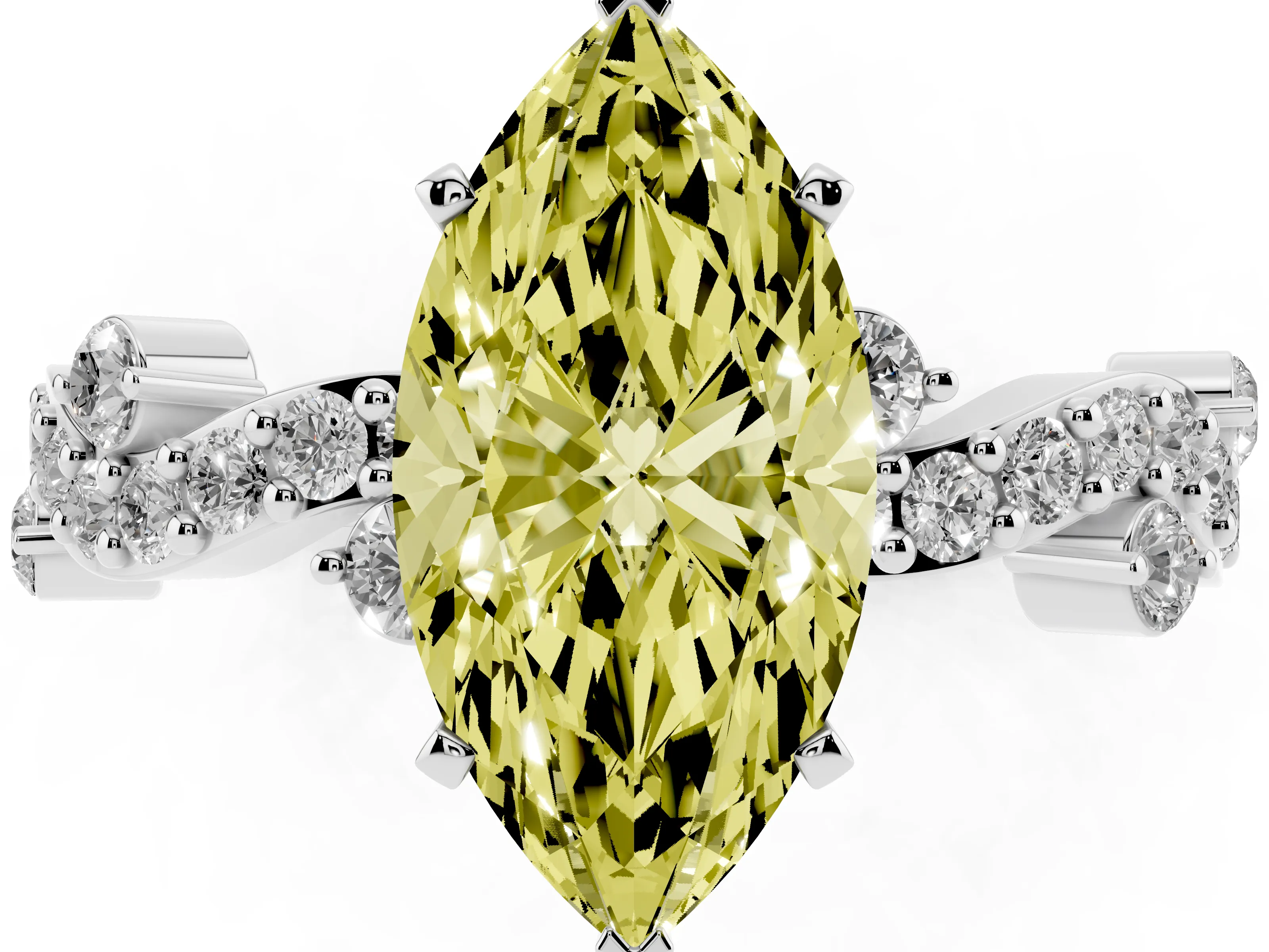 Fancy Yellow Marquise Cut Diamond Solitaire Twisted Band Set in Platinum with Pavé Setting