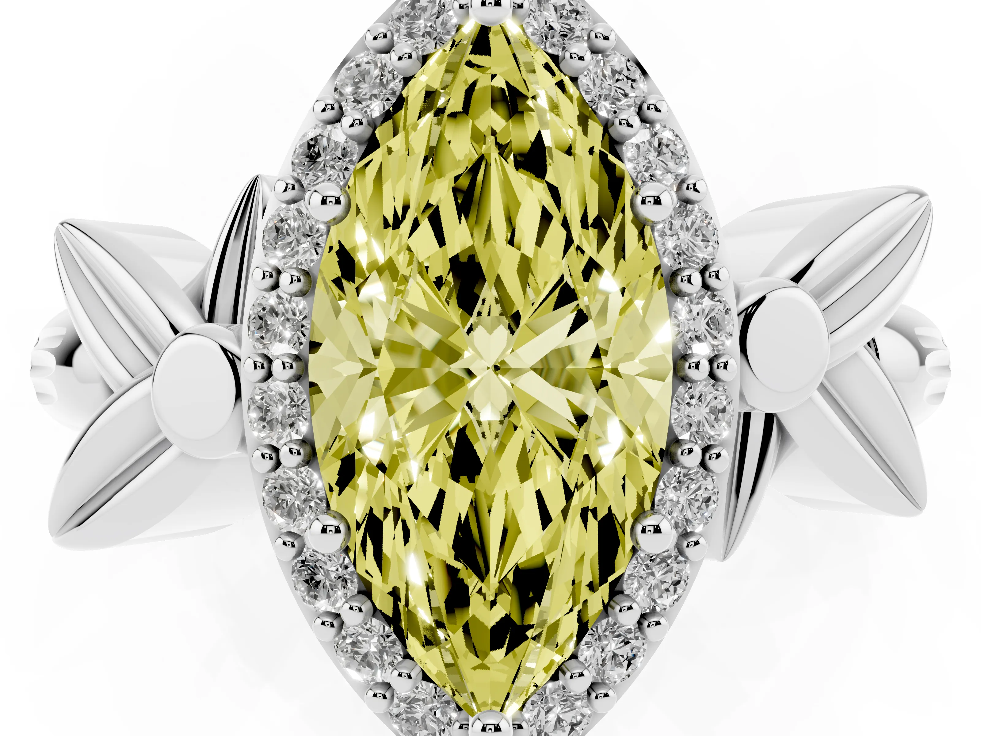 Fancy Yellow Marquise Cut Diamond Halo Floral Band Ring Set in White gold with Prong Setting