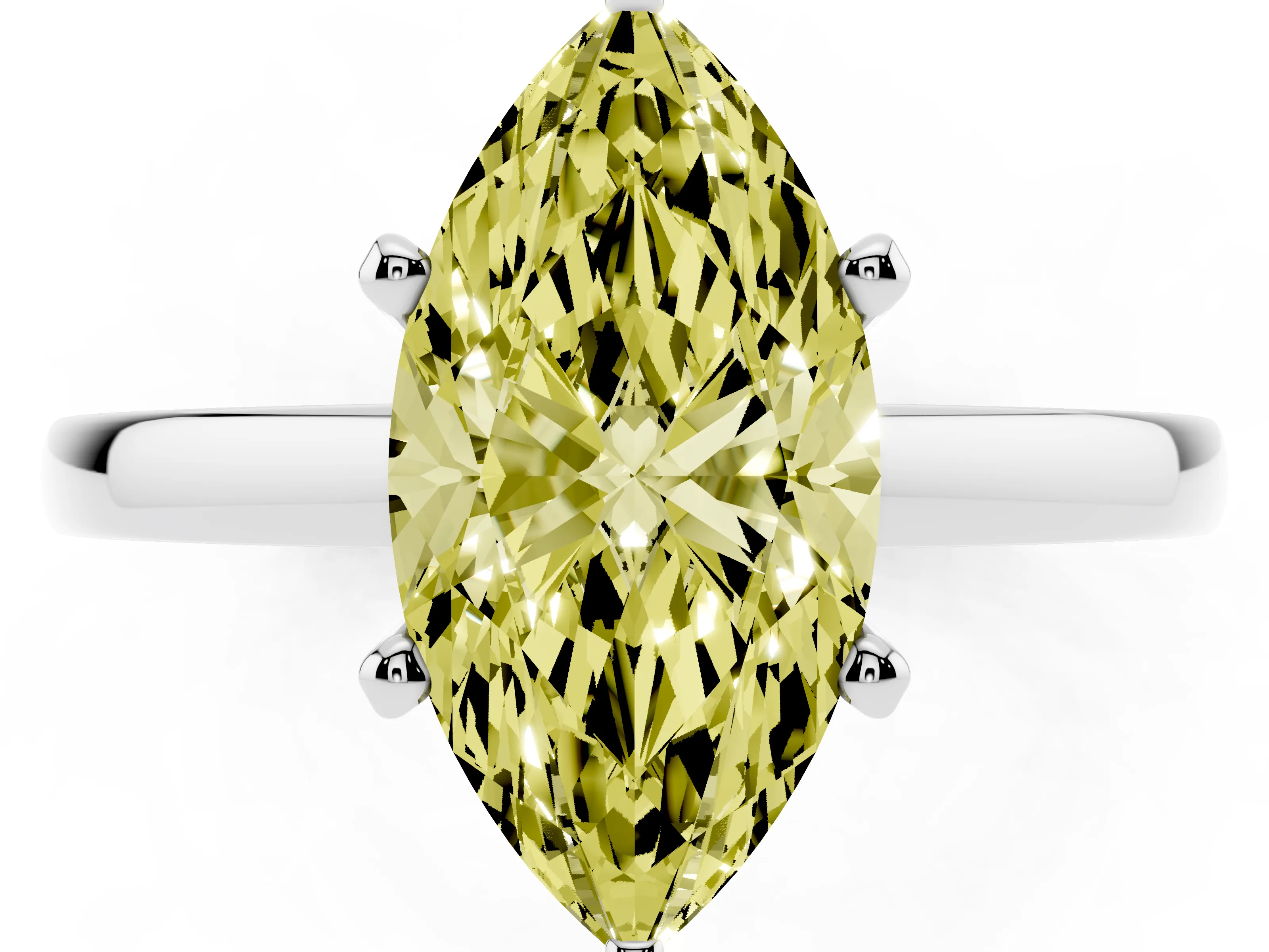 Fancy Yellow Marquise Cut Diamond Solitaire Engagement Ring Set in Silver with Prong Setting on a Classic Band