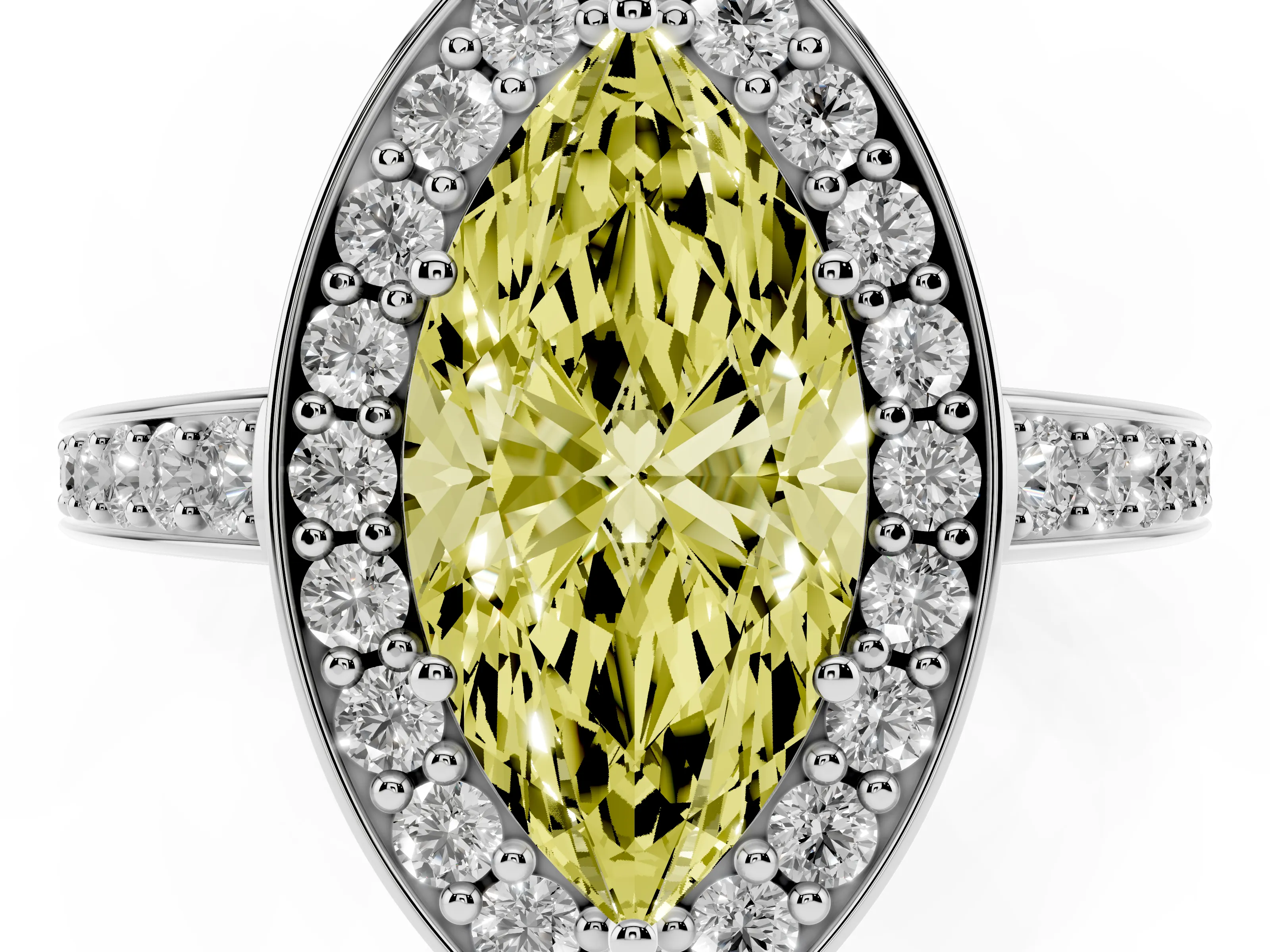 Fancy Yellow Marquise Cut Diamond Halo Pavé Engagement Ring Set in Silver with Bezel Setting