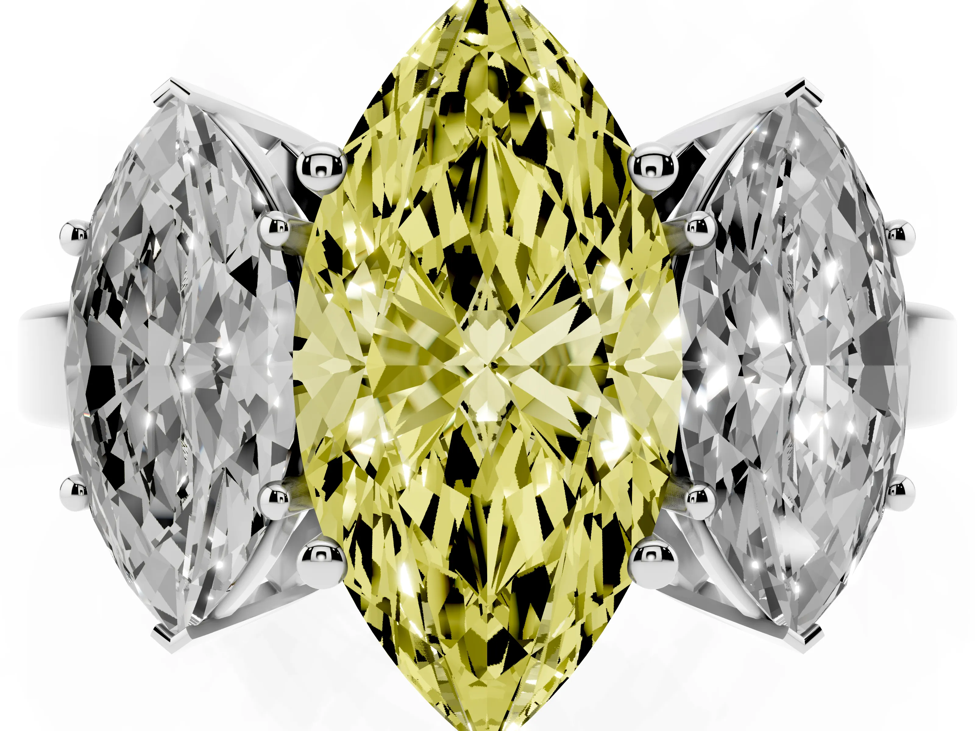 Fancy Yellow Marquise Cut Diamond Three-Stone Engagement Ring Set in Platinum with Flat Band