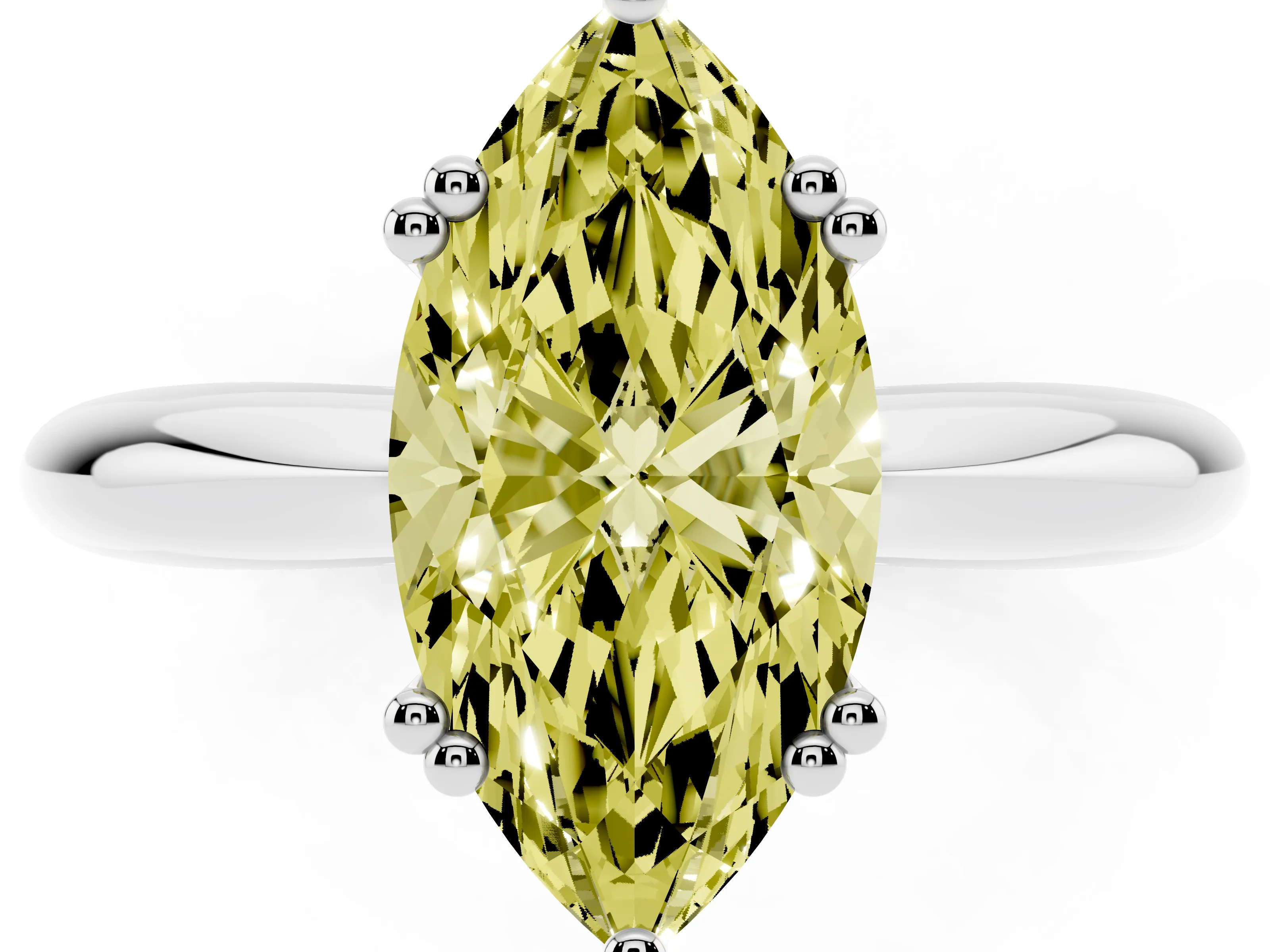 Fancy Yellow Marquise Cut Diamond Solitaire Engagement Ring Set in Platinum with Tapered Band and Prong Setting