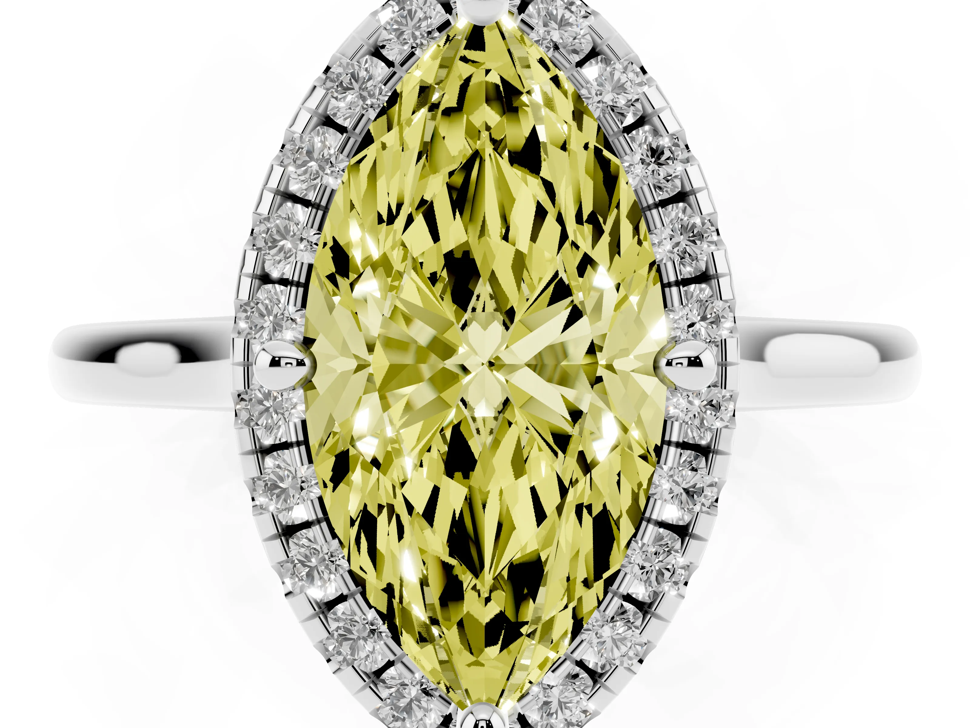 Fancy Yellow Marquise Cut Diamond Halo Engagement Ring Set in White gold with Pavé Band and Rising Shoulders