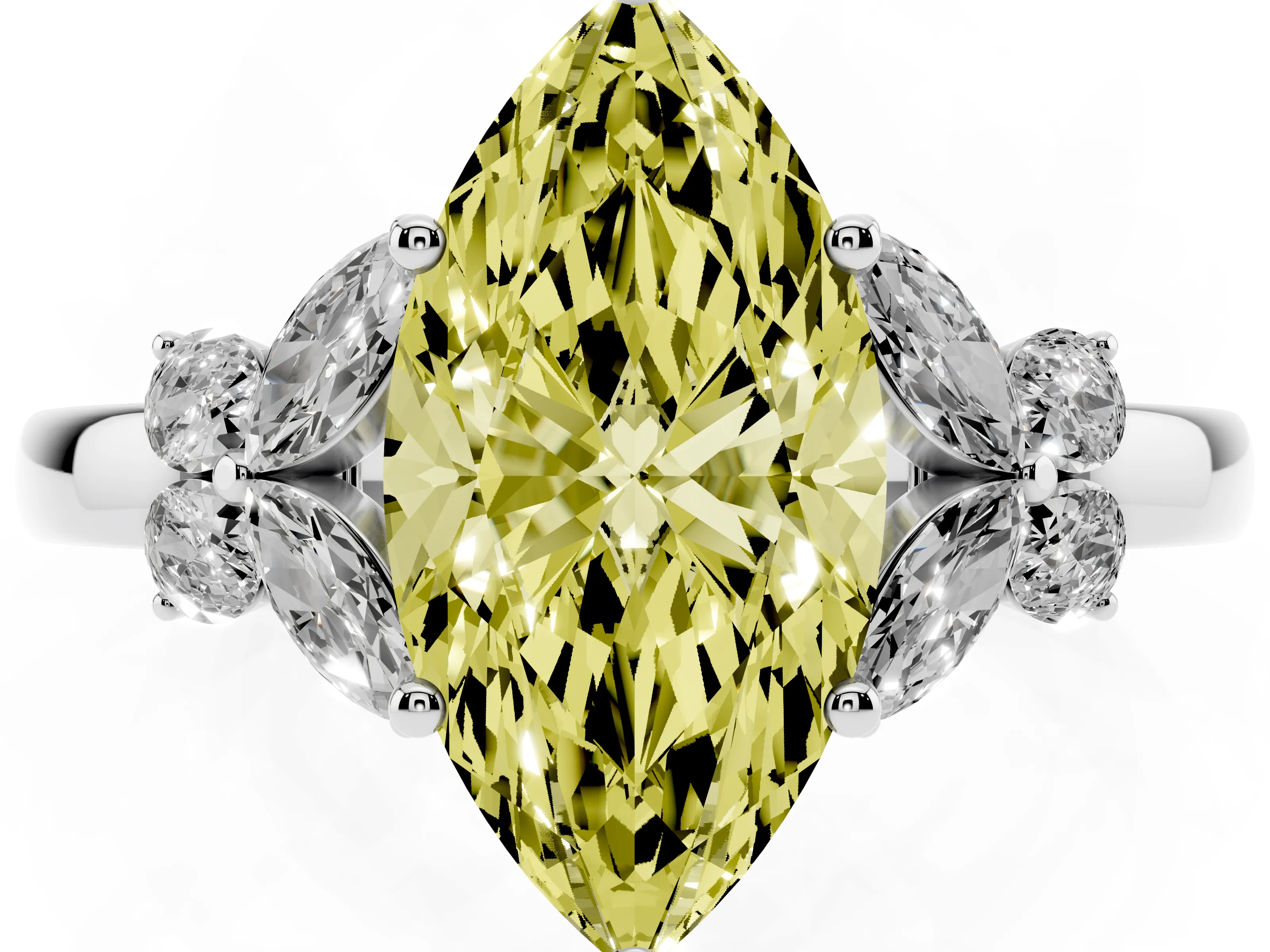 Fancy Yellow Marquise Cut Diamond Solitaire Floral Ring Set in Platinum with Marquise Petals and Prong Setting