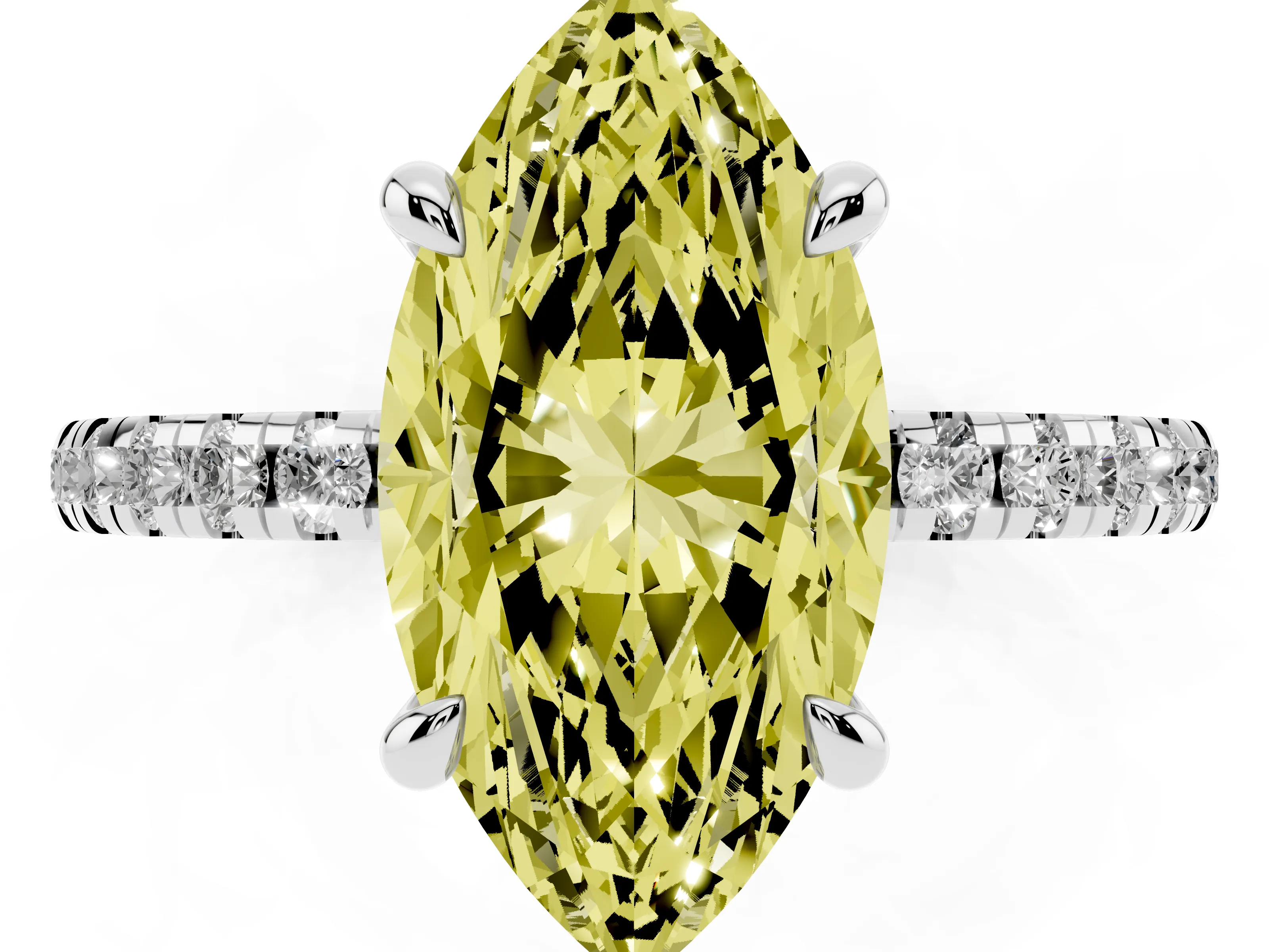 Fancy Yellow Marquise Cut Diamond Brilliant Solitaire Ring Set in White gold with Pavé Band and Prong Setting