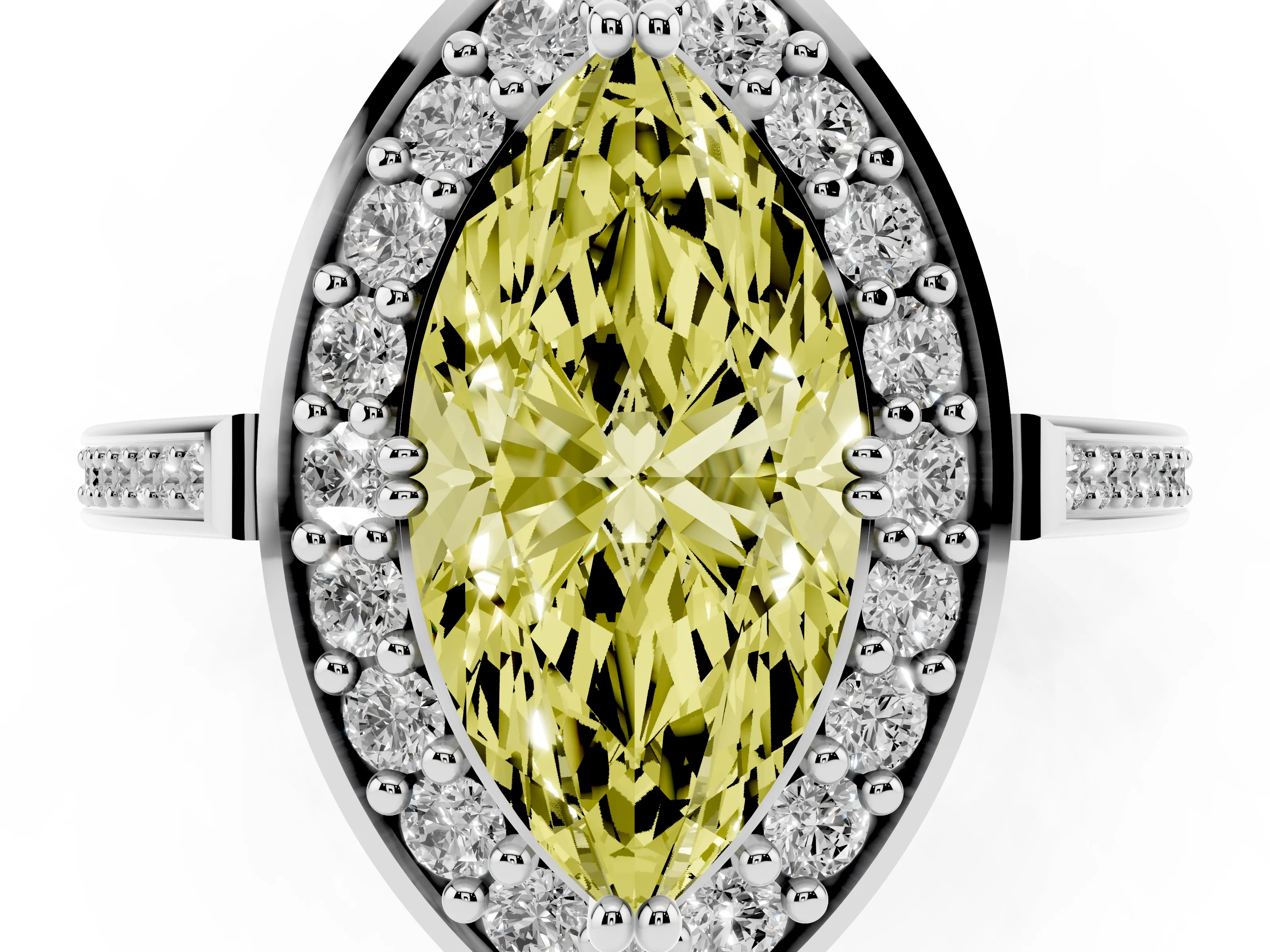 Fancy Yellow Marquise Cut Diamond Halo Ring Set in White gold with Accent-Lined Split Shank and Prong Setting