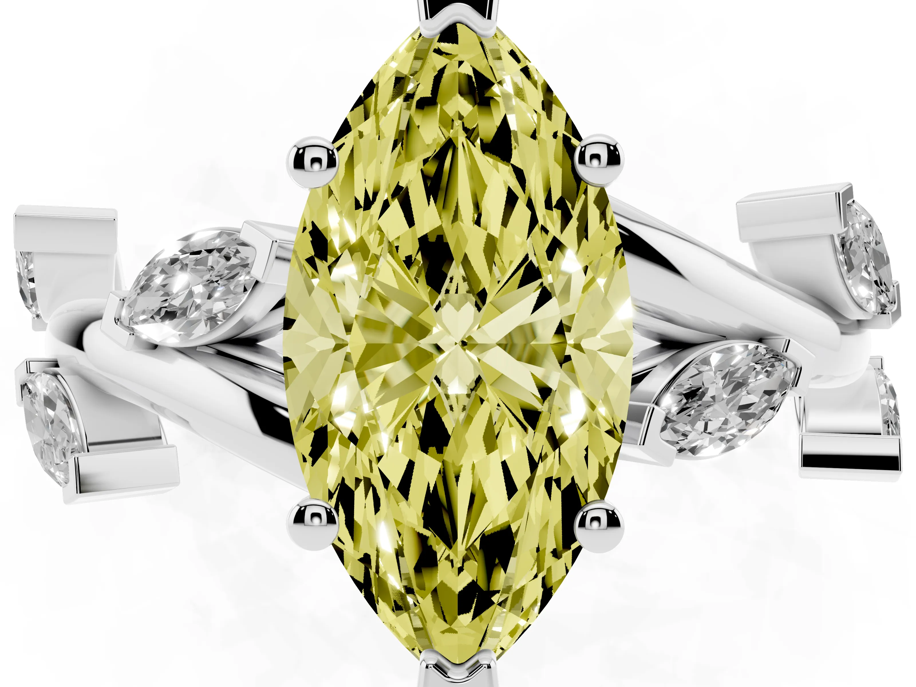Fancy Yellow Marquise Cut Diamond Solitaire Ring Set in White gold with Twisted Marquise Accent Band