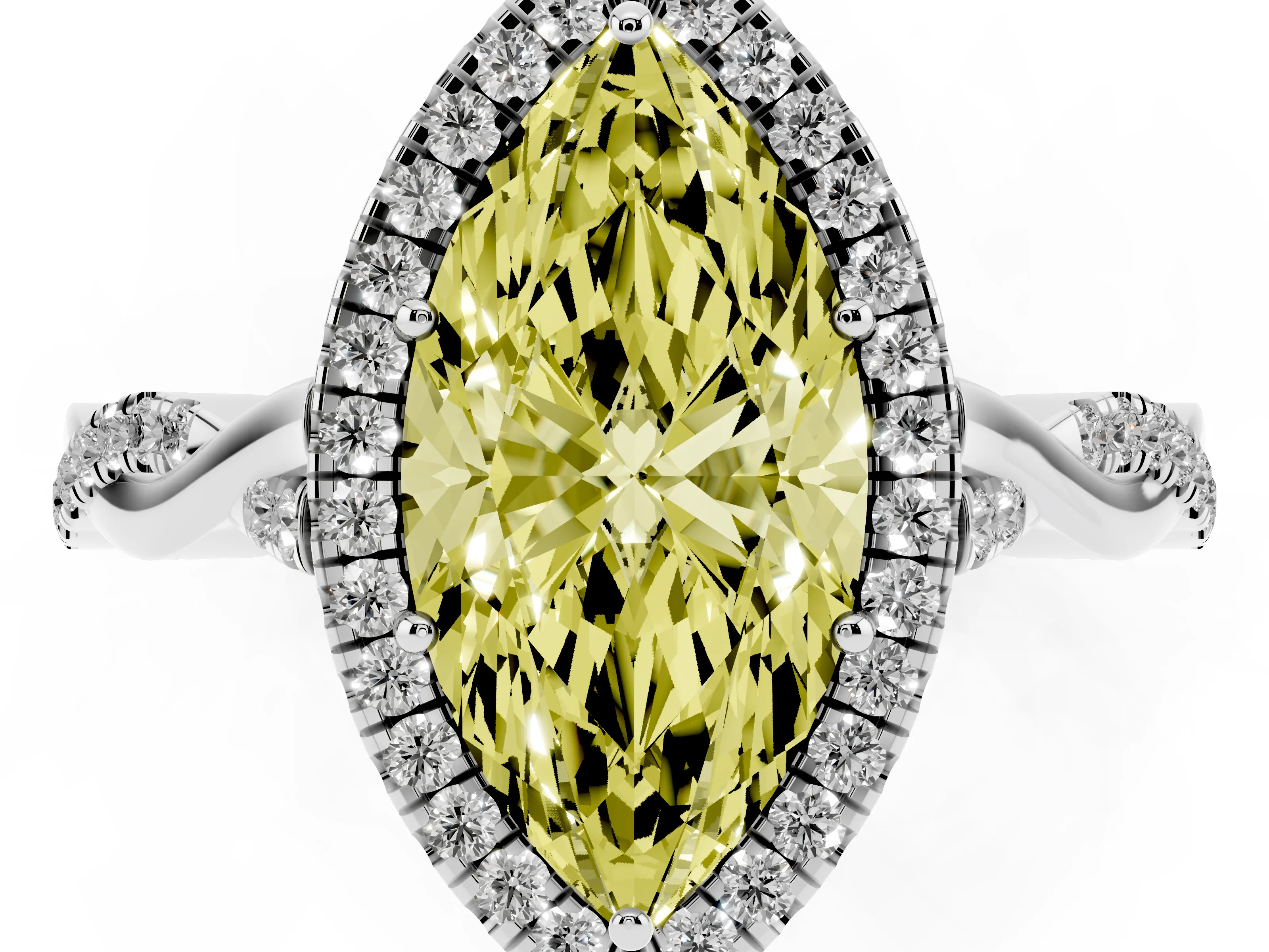 Fancy Yellow Marquise Cut Diamond Halo Twist Band Solitaire Ring Set in Silver with Prong Setting