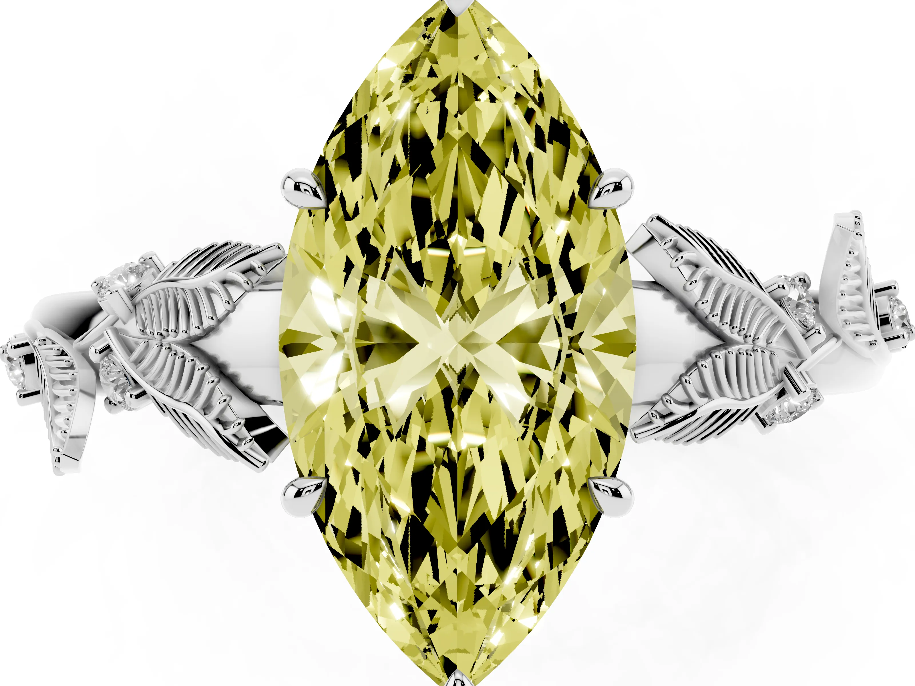 Fancy Yellow Marquise Cut Diamond Solitaire Ring Set in White gold with Leaf Motif Band