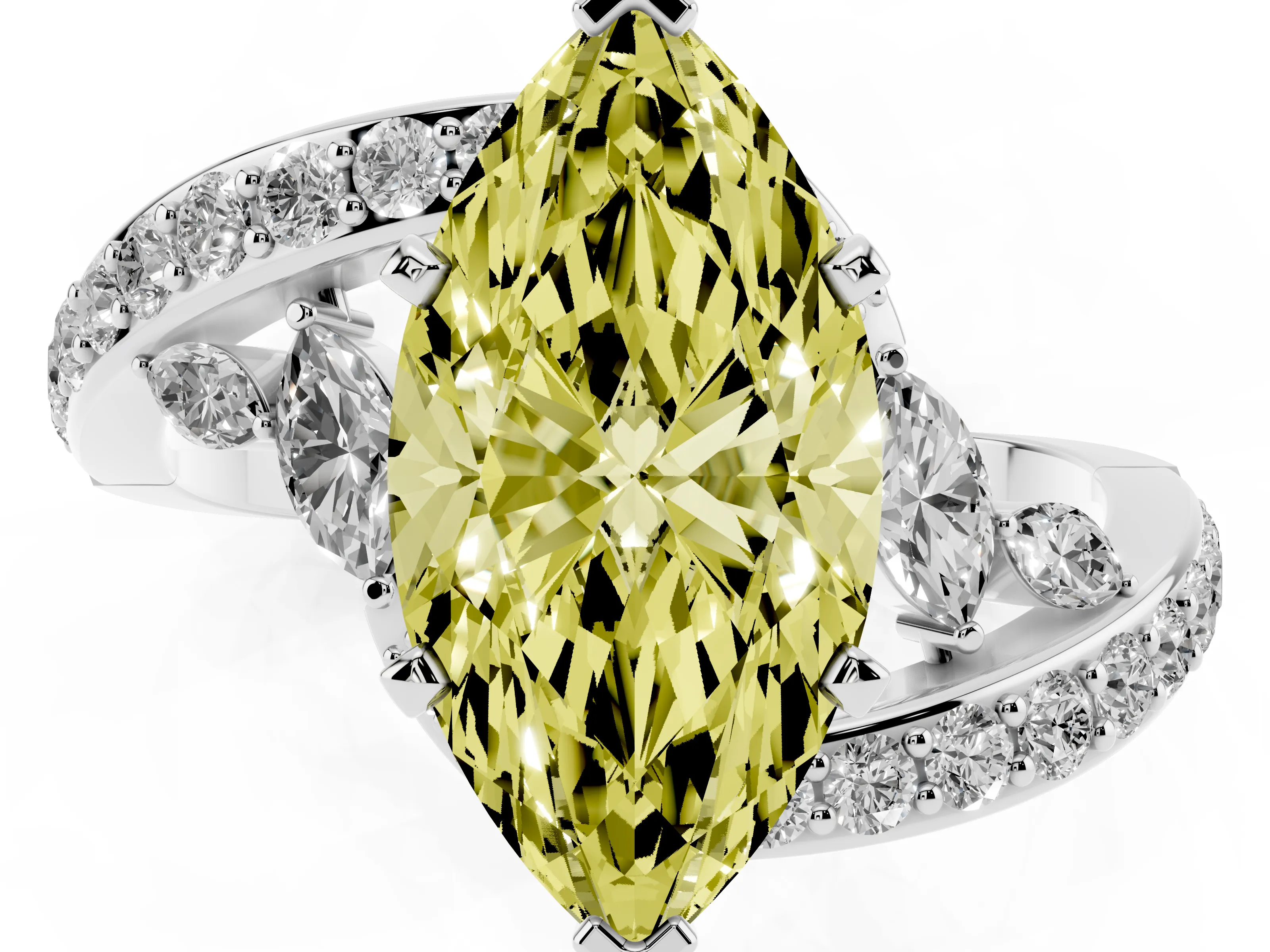 Fancy Yellow Marquise Cut Diamond Solitaire Ring Set in Platinum with Pavé Twist Band and Secure Prong Setting