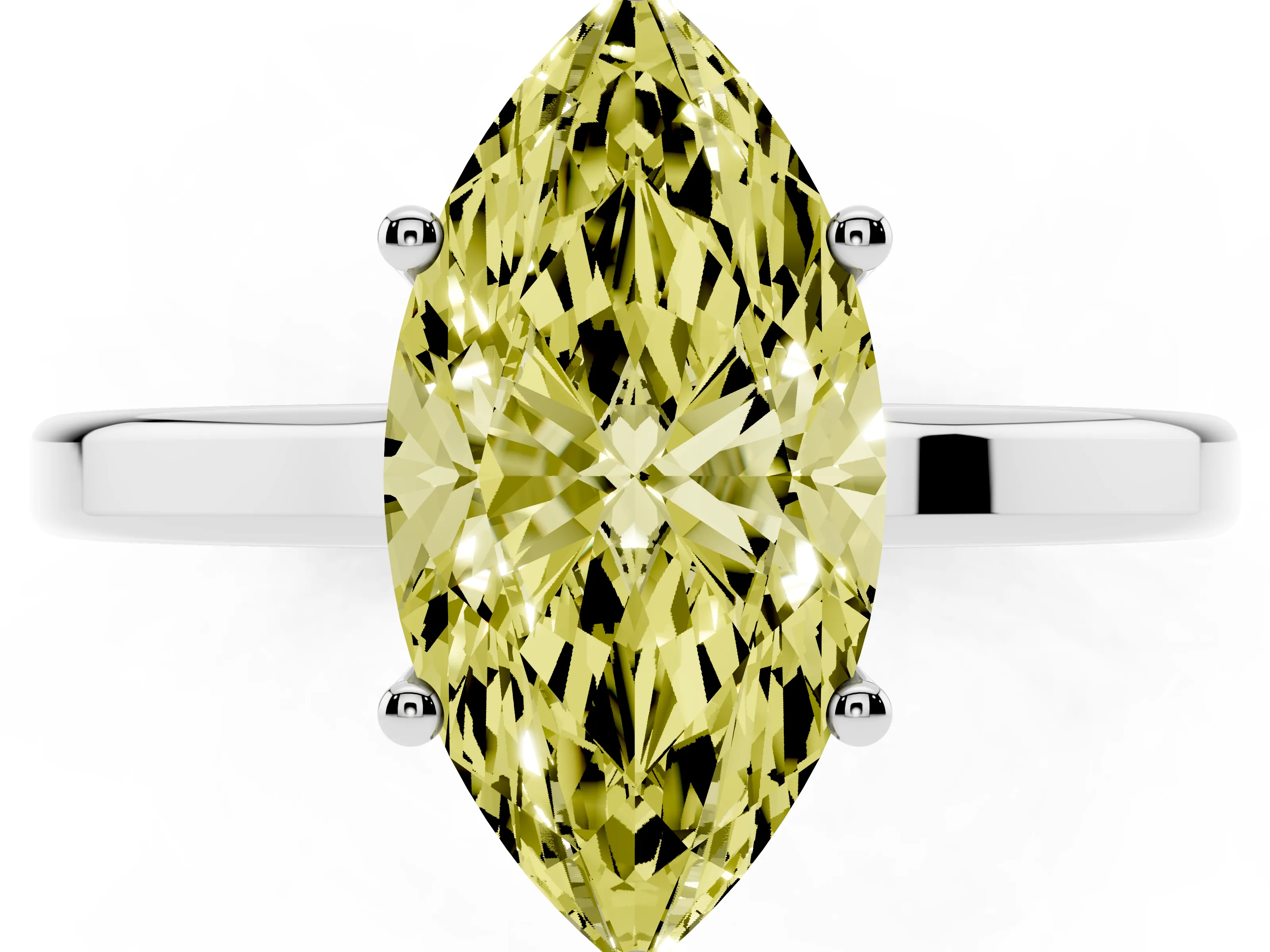 Fancy Yellow Marquise Cut Diamond Solitaire Engagement Ring Set in White gold with Prong Setting on a Plain Band
