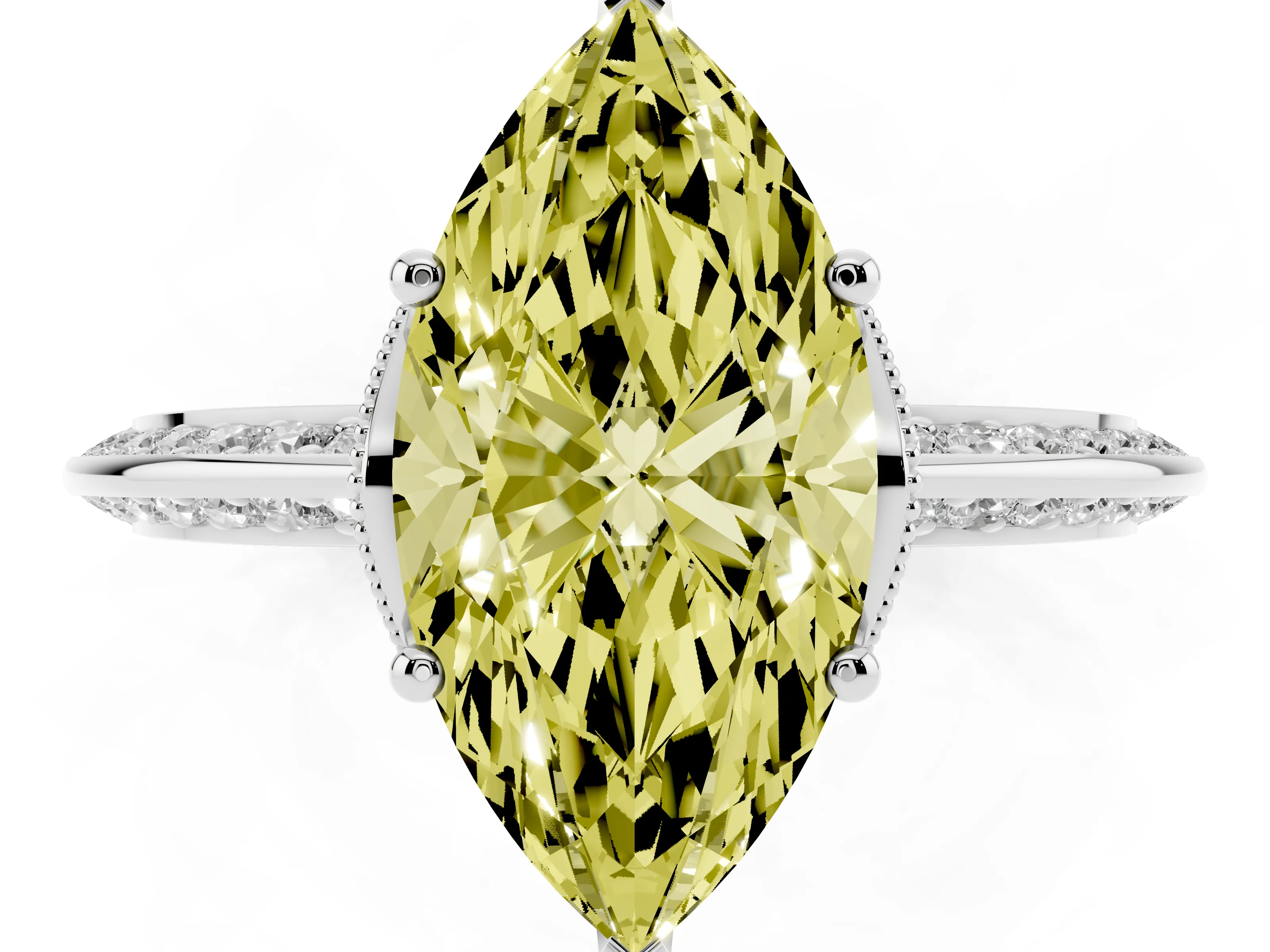 Fancy Yellow Marquise Cut Diamond Solitaire Engagement Ring Set in Silver with Pavé Split Shank and Prong Setting