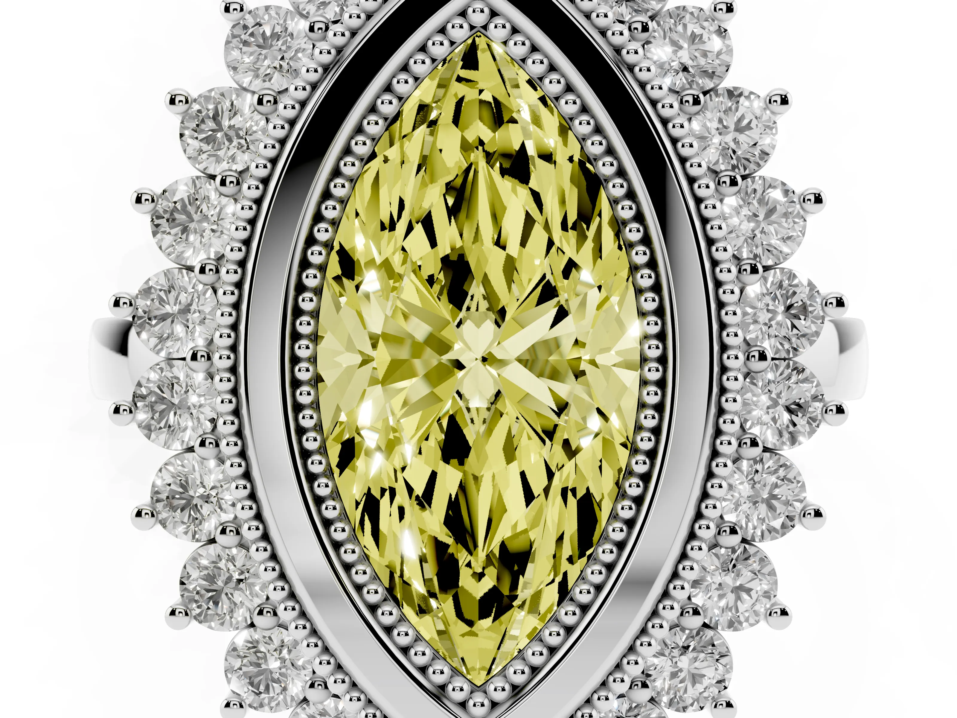 Fancy Yellow Marquise Cut Diamond Halo Ring Set in Platinum with Milgrain Edge and Round Prong Setting