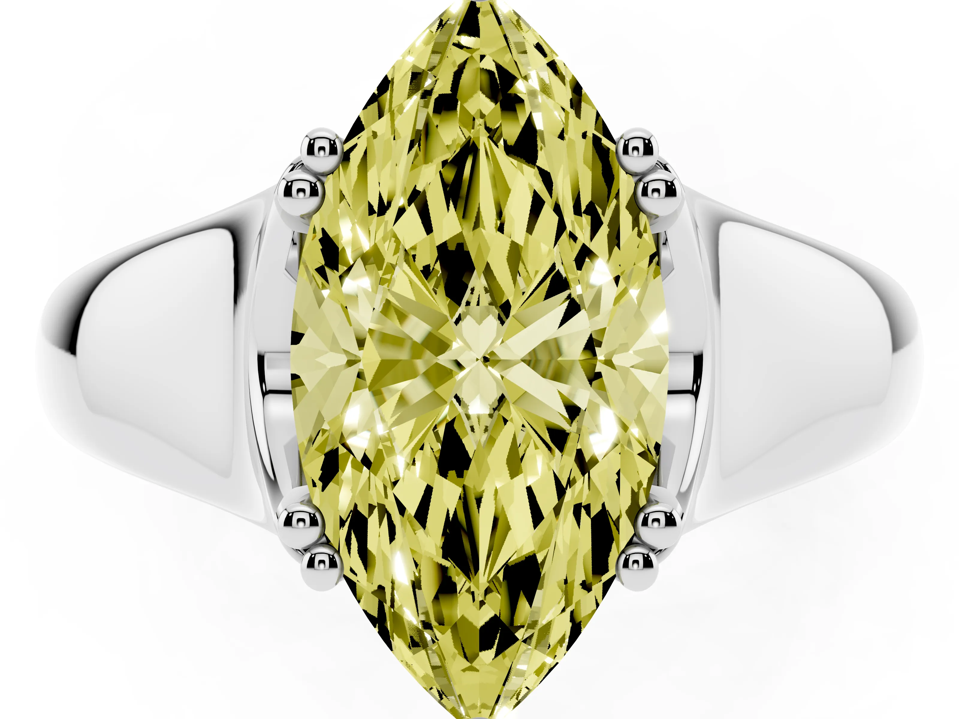 Fancy Yellow Marquise Cut Diamond Solitaire Ring Set in White gold with Wide Band and Prong Setting