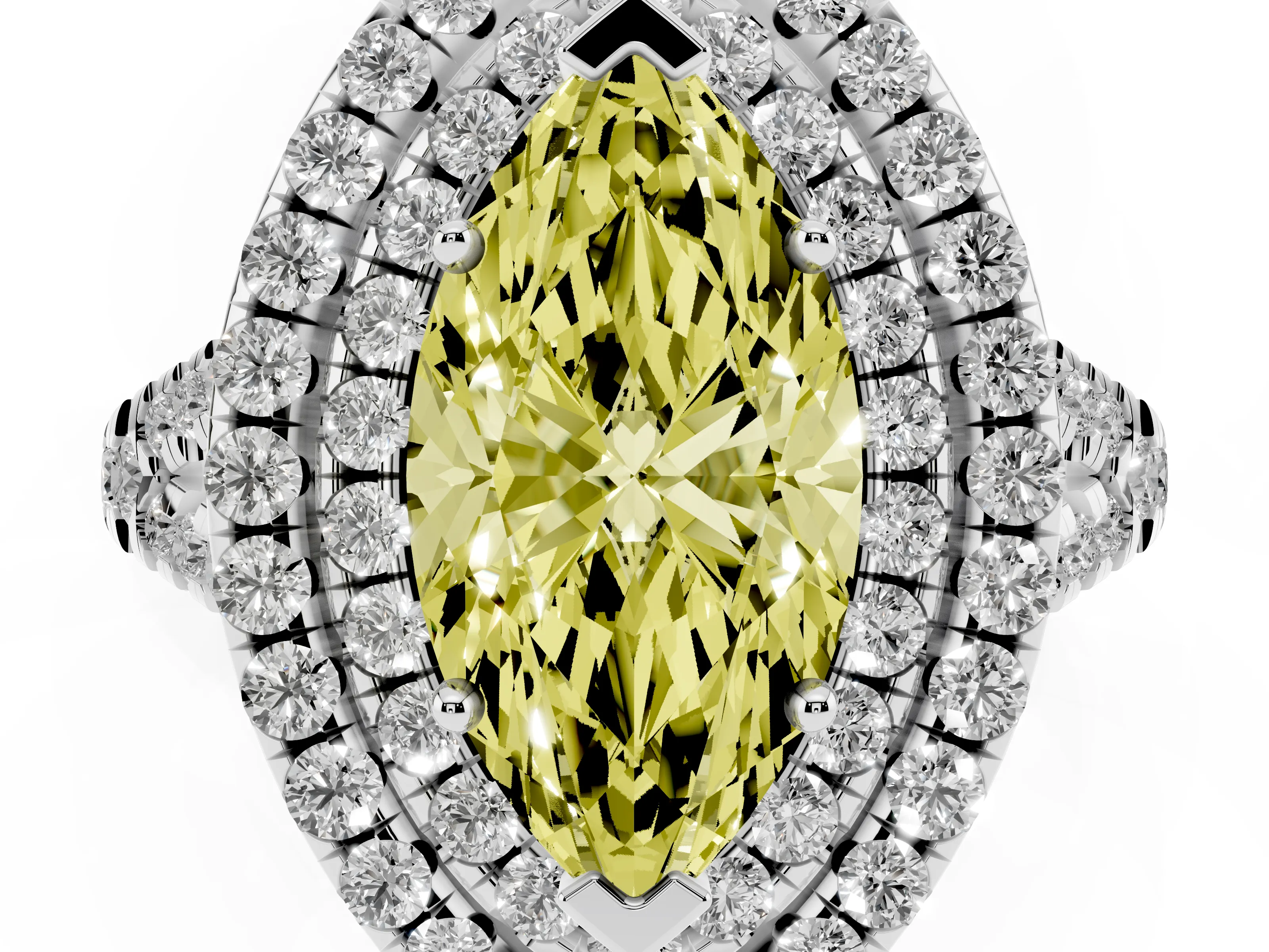 Fancy Yellow Marquise Cut Diamond Double Halo Ring Set in Silver with Pavé Split Shank and Prong Setting